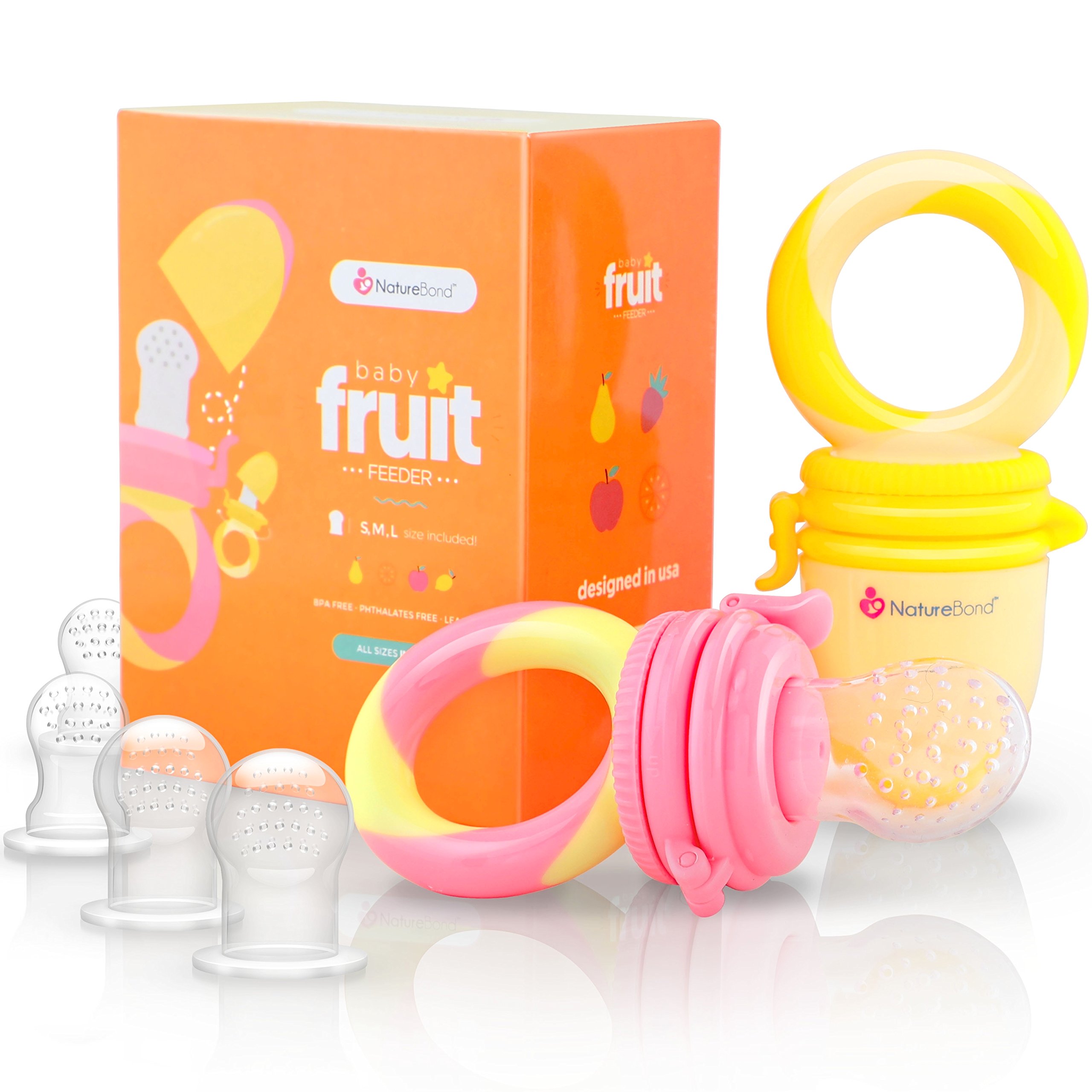 NatureBond baby food feeder with silicone sacs in bright colors