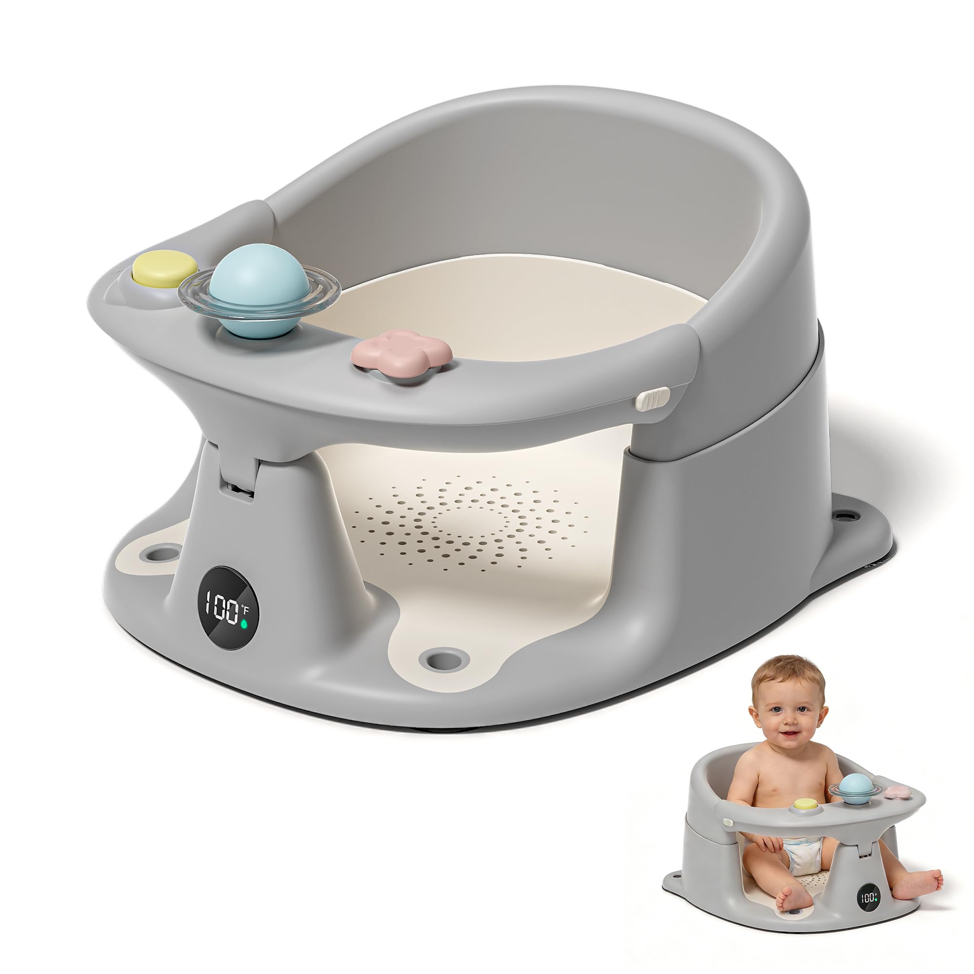 Himold baby bath seat with thermometer and foldable arms for toddlers sitting up