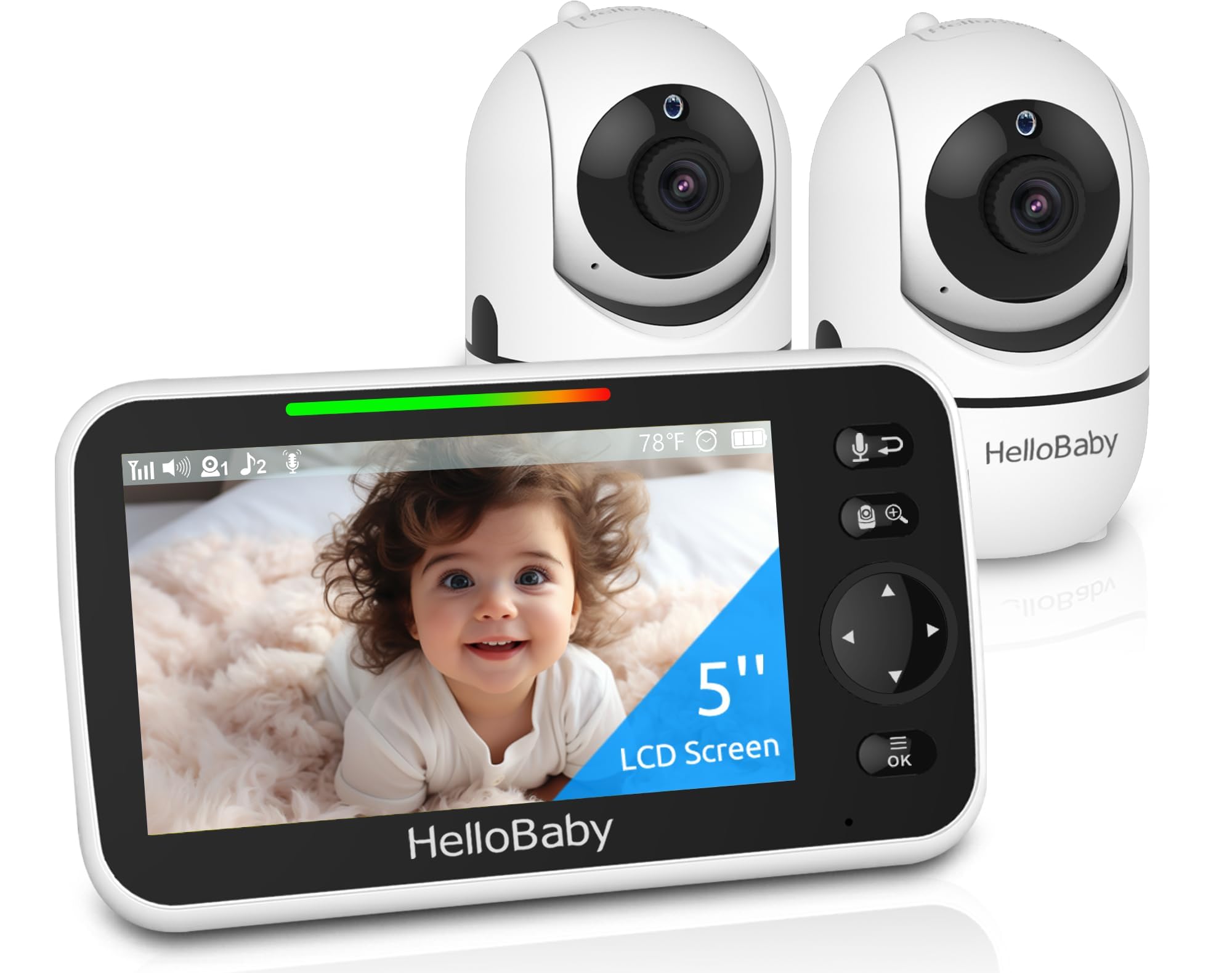 HelloBaby dual-camera no-WiFi baby monitor with 5-inch IPS parent screen