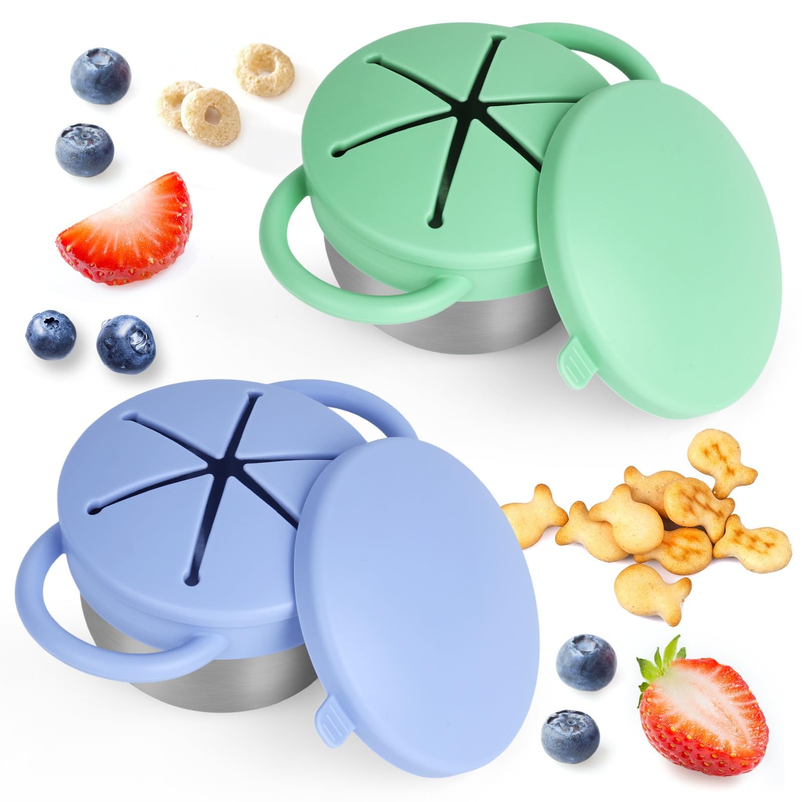 Daximo stainless steel toddler snack cups with silicone lids and dual handles in blue-purple and green colors