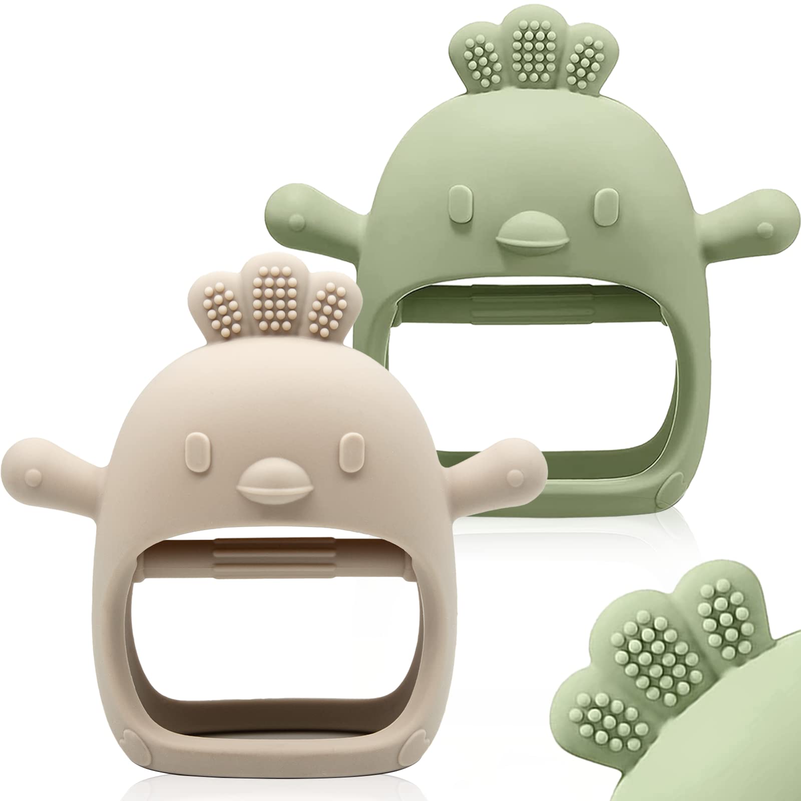 ChooKaChoo teething mitten worn on baby's hand with textured silicone surface