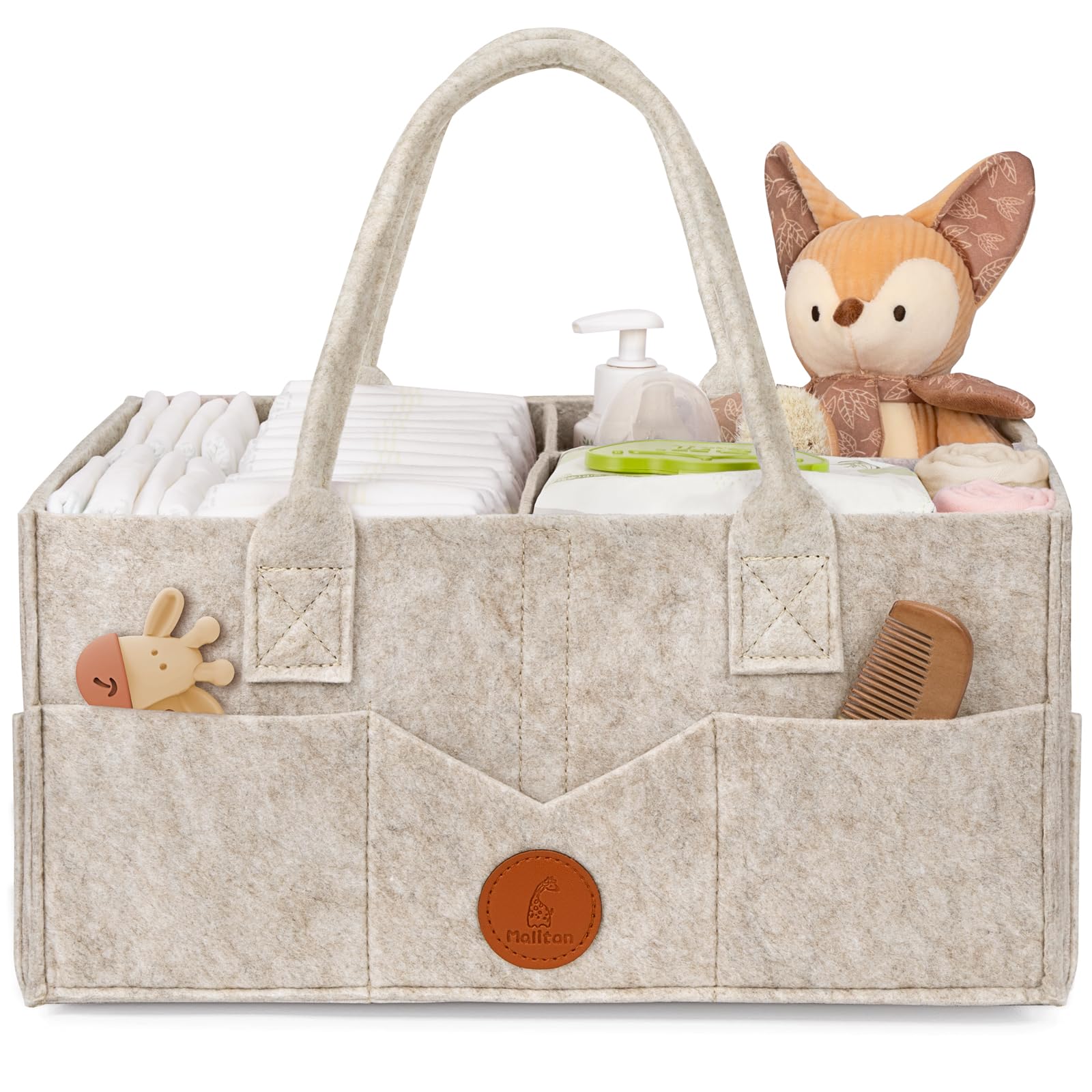 Maliton Baby Diaper Caddy Organizer in khaki felt with multiple exterior pockets