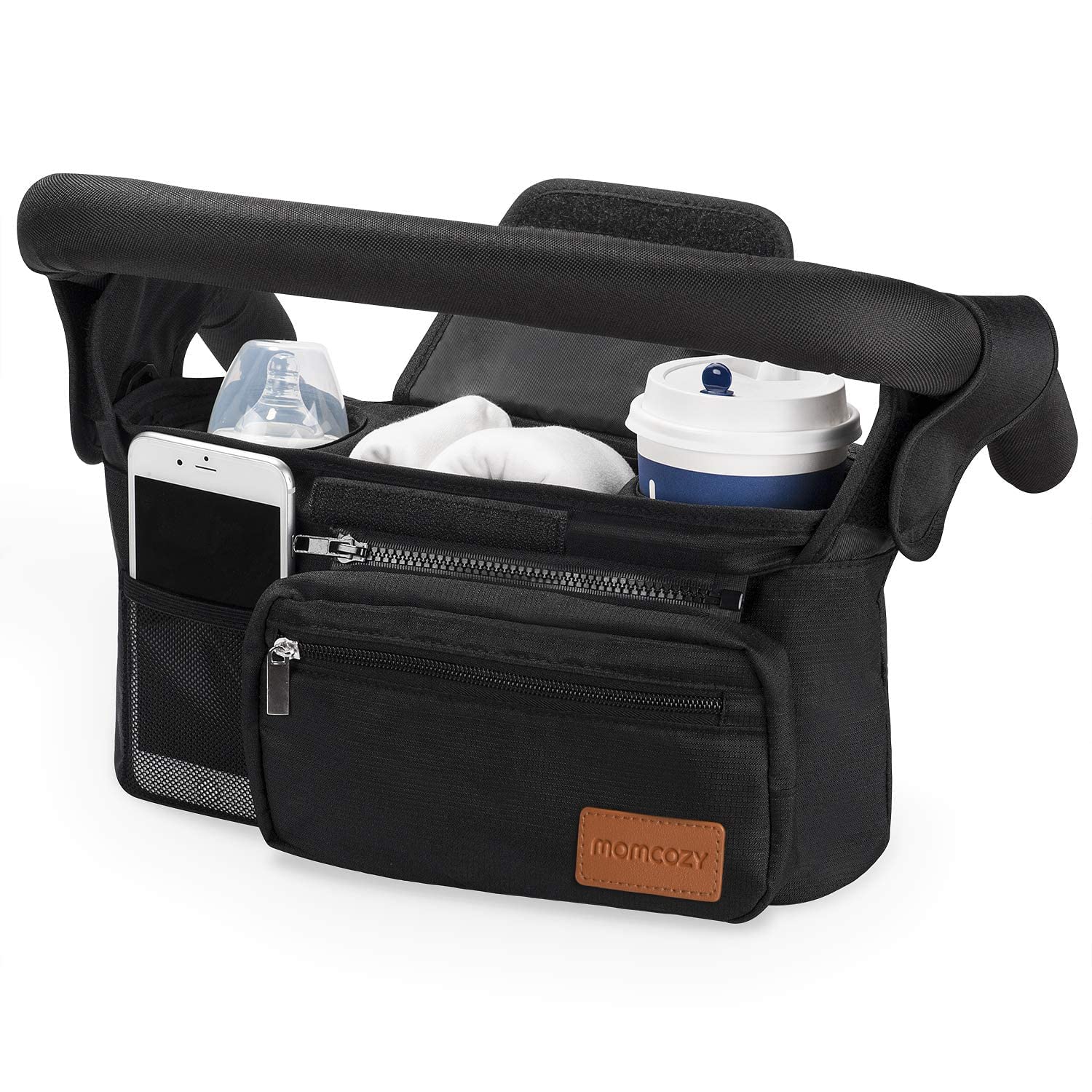 Momcozy universal stroller organizer attached to stroller handlebar with insulated cup holders and multiple pockets