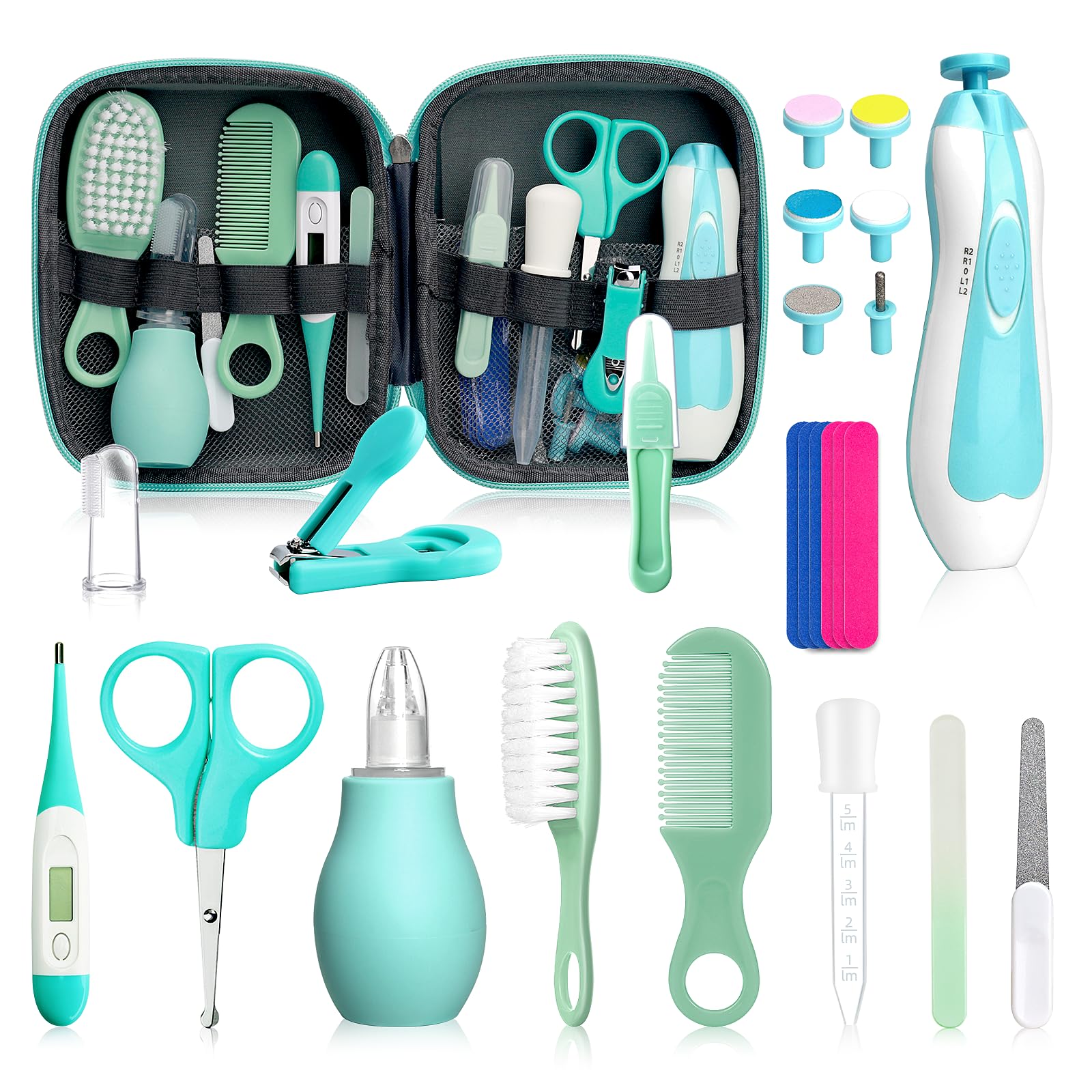 Qunlions Life 25-in-1 baby grooming kit with electric nail trimmer in green storage case