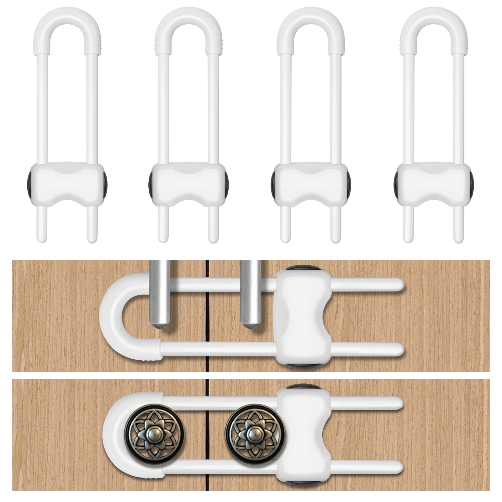 LLOOC white U-shaped cabinet locks for seasonal childproofing