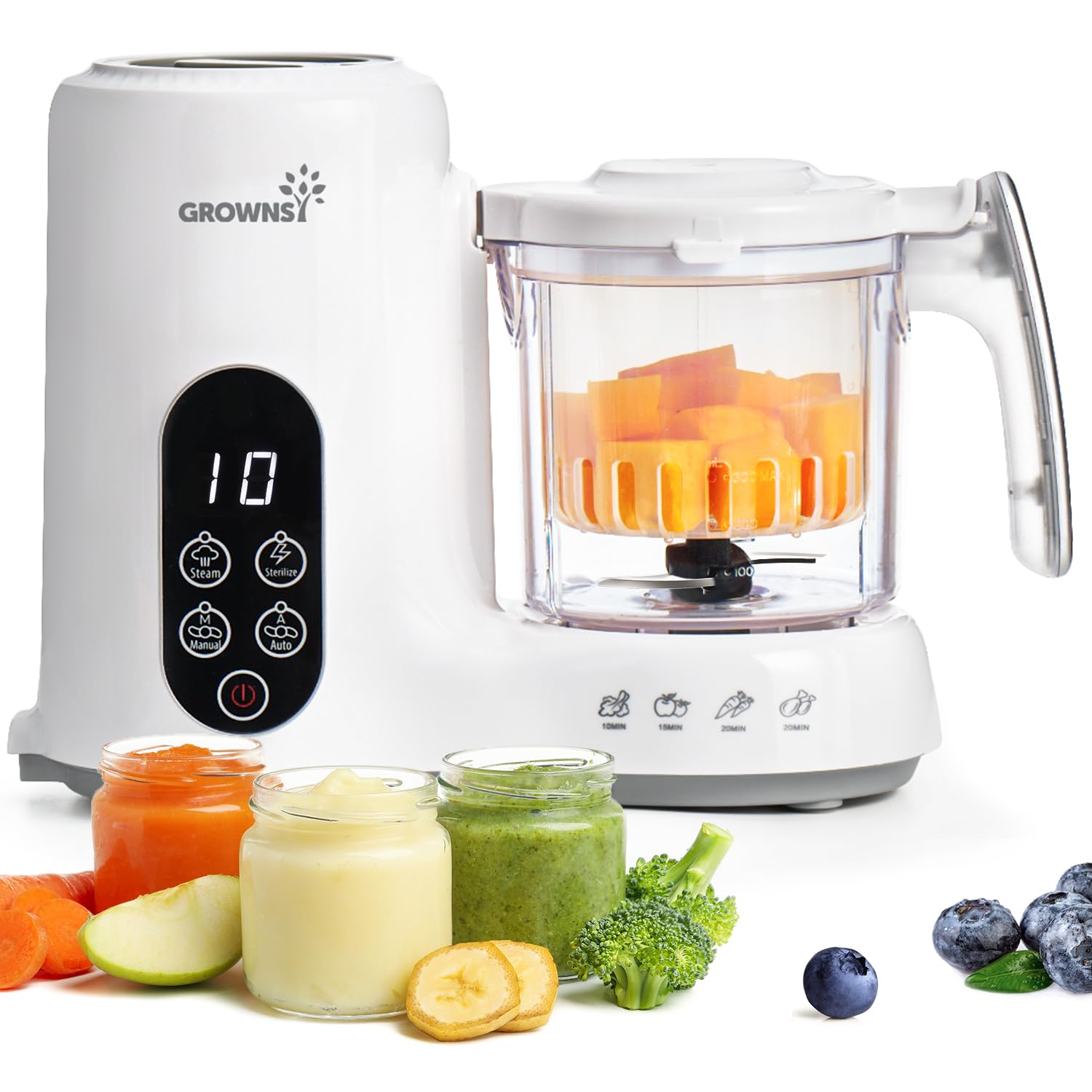 Grownsy Baby Food Maker with elevated steam basket and Tritan bowl