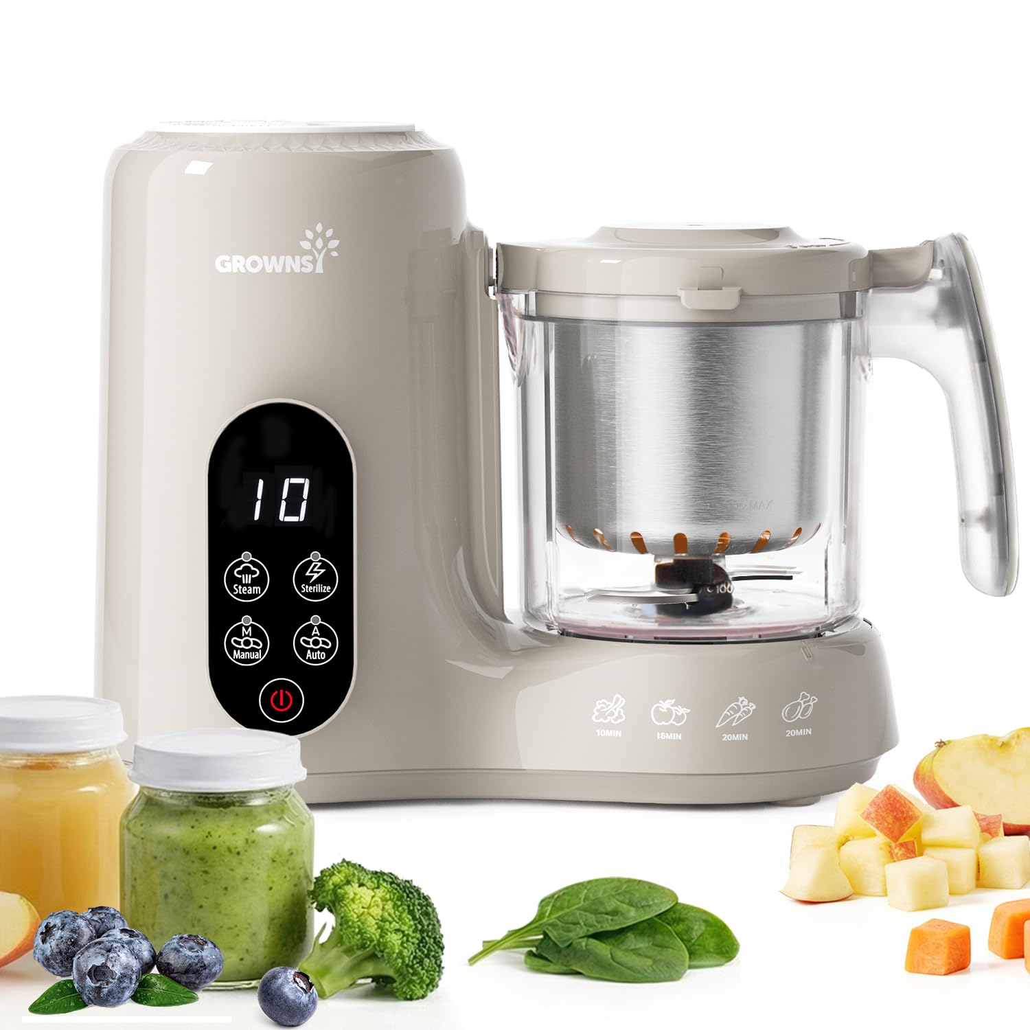 Grownsy Baby Food Maker with stainless steel steam basket in creamy taupe color