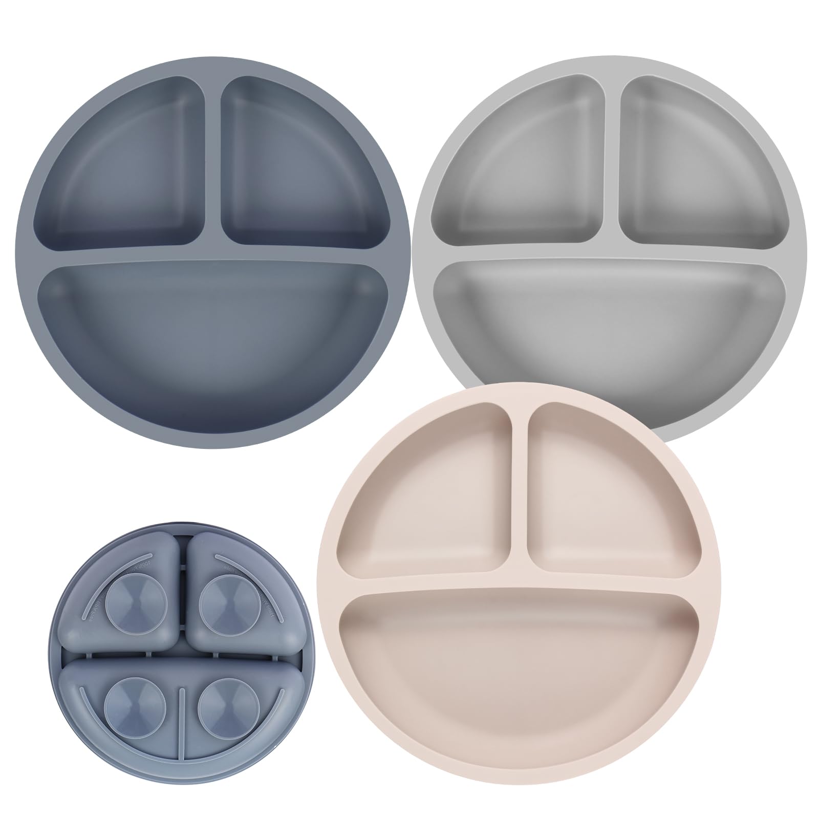 Eascrozn 3-pack divided baby plates with suction base in soft pastel colors