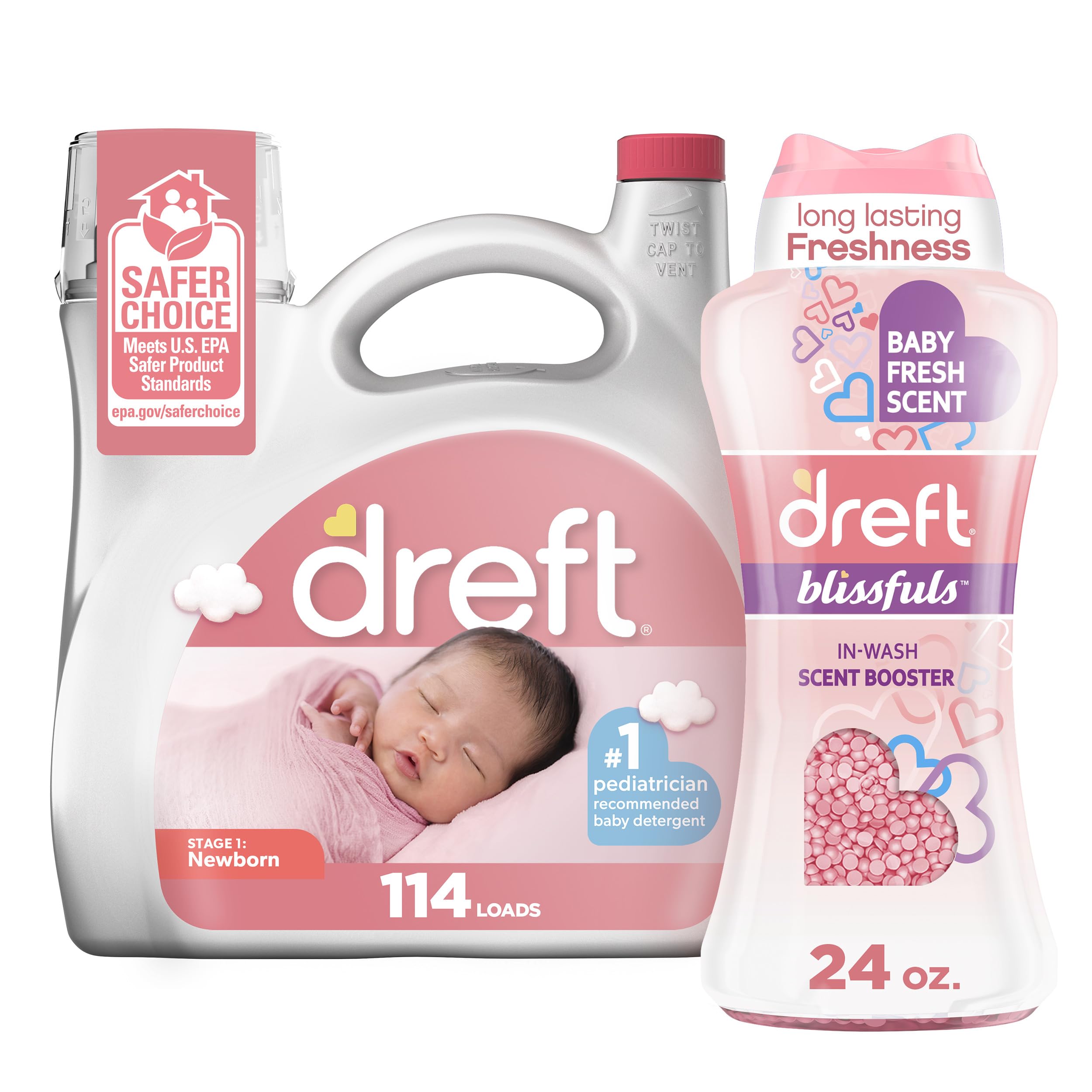 Dreft Stage 1 Newborn Baby Liquid Laundry Detergent bundle with Blissfuls scent booster beads
