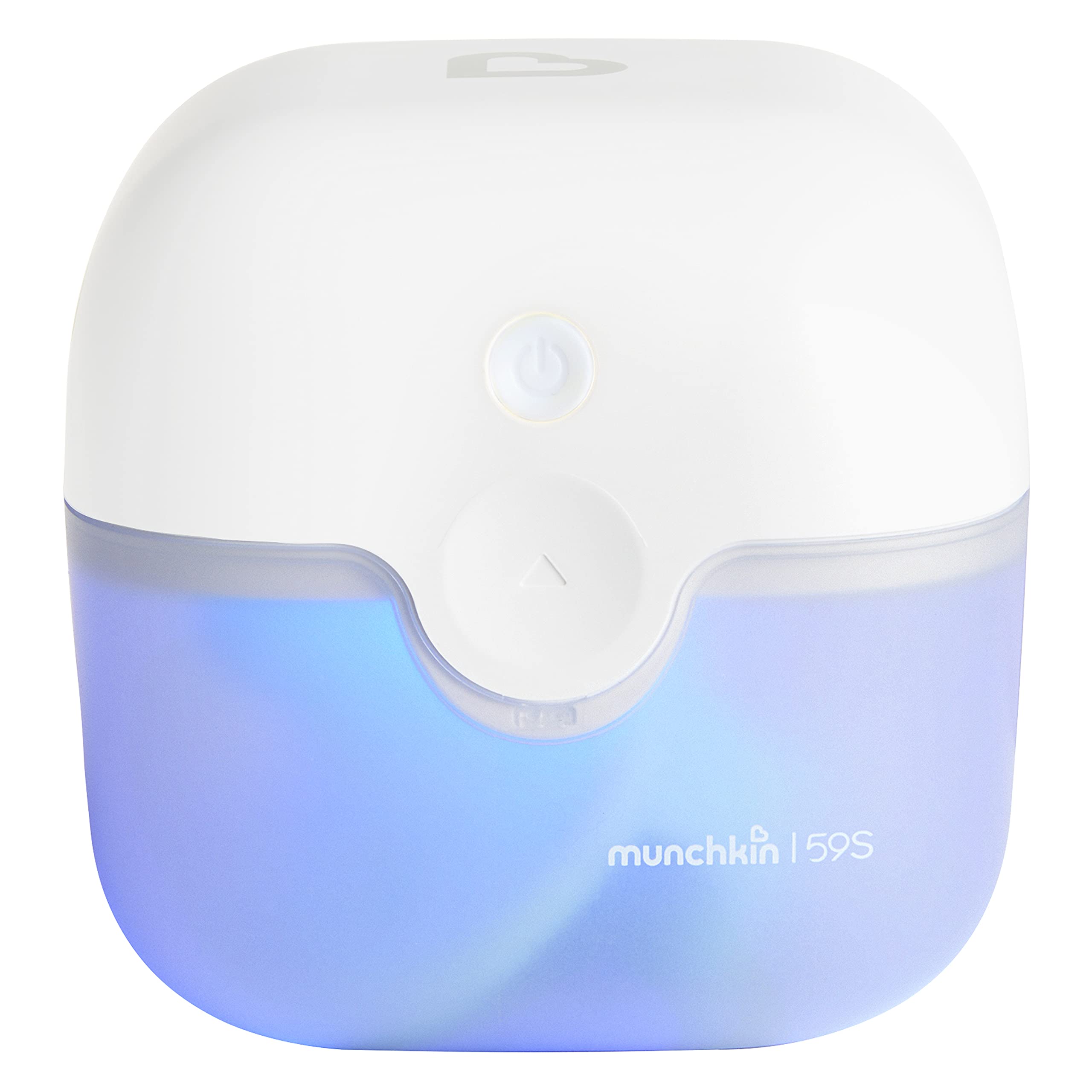 Munchkin Portable UV Sterilizer Plus with transparent base showing UV light sanitizing pacifiers and bottle nipples