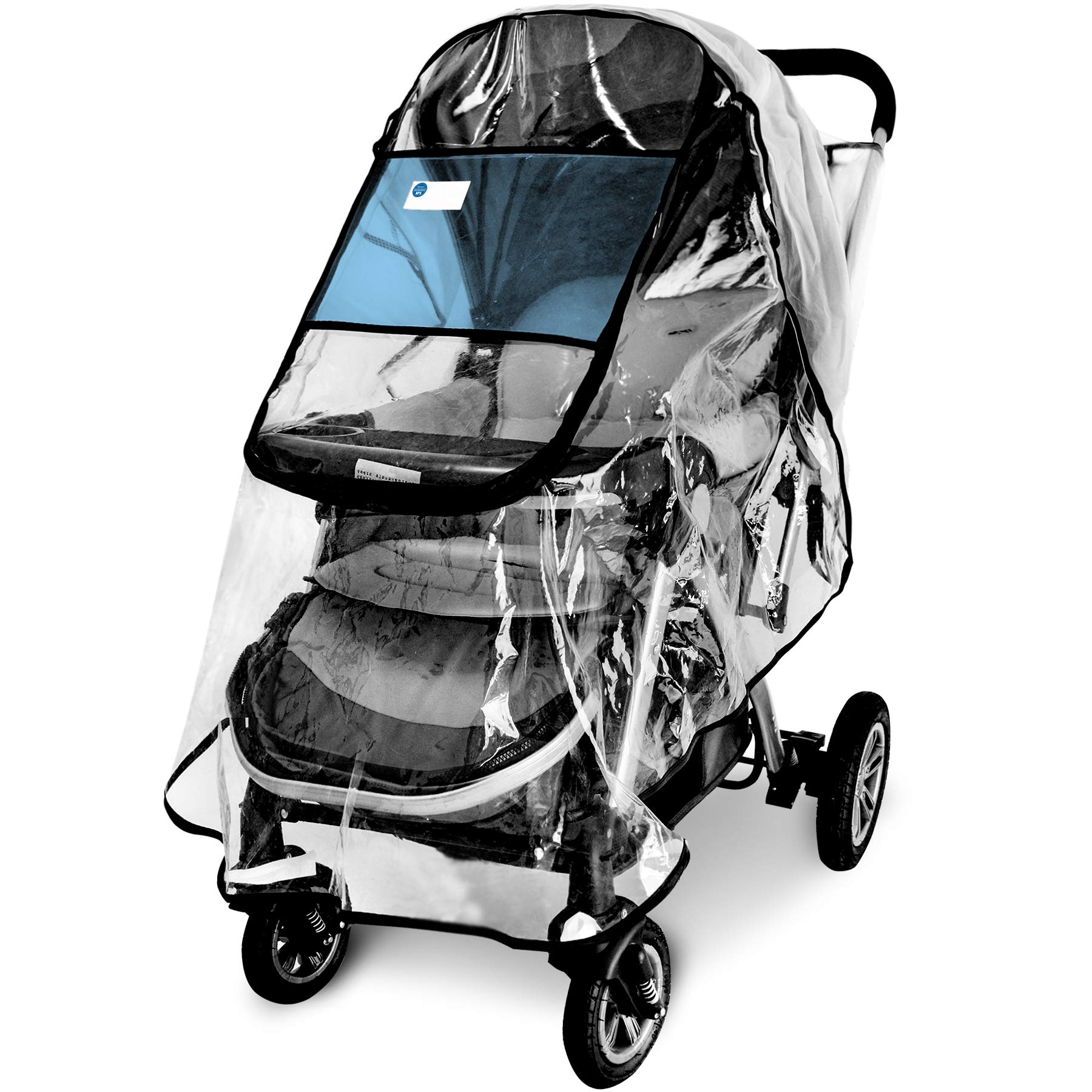 Universal stroller rain cover with mesh ventilation panels and clear window for visibility