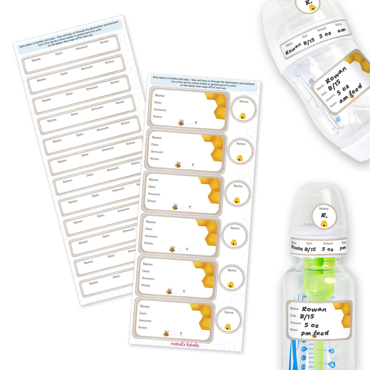 Mabel's Labels reusable write-and-wipe baby bottle labels in honey bee design