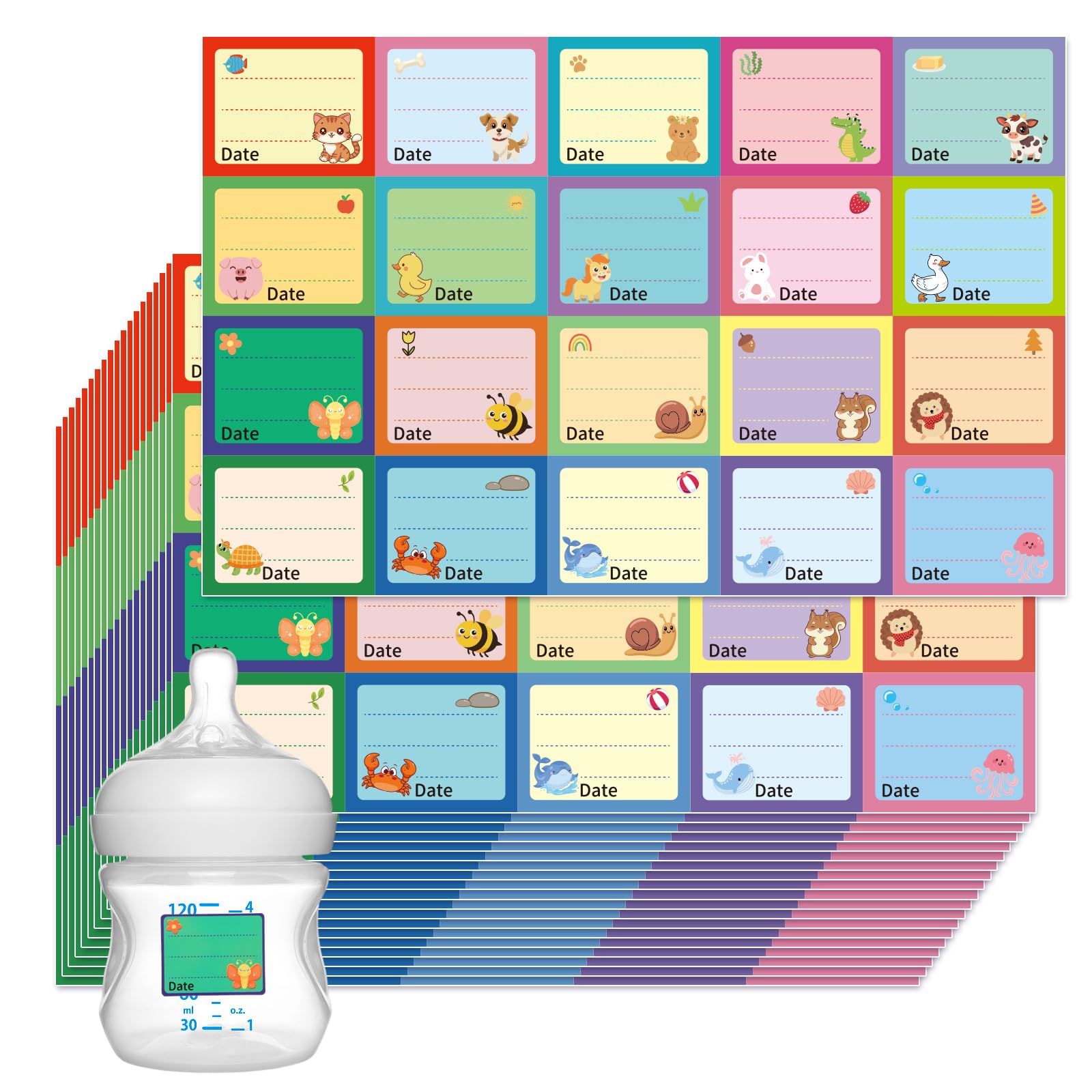 WSICSE 600 Baby Bottle Labels with 20 multicolor animal designs on pre-cut sheets