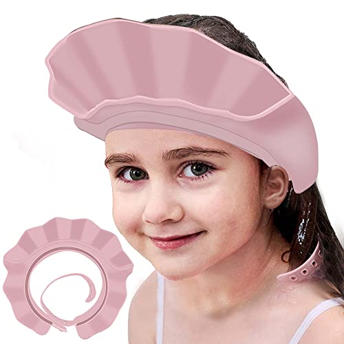 Adjustable silicone buckle on KOMIDK baby shower cap showing size flexibility