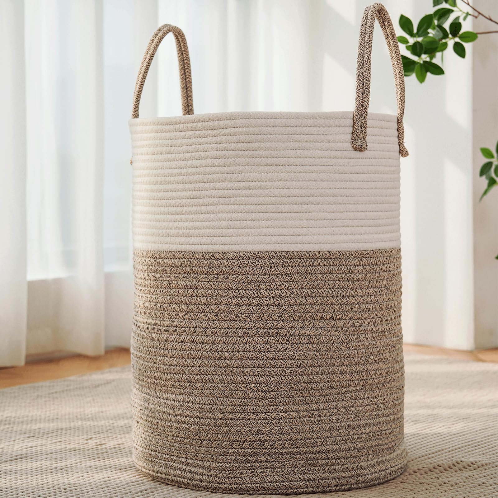 JMvicyroam large brown woven cotton rope laundry basket hamper for nursery organization