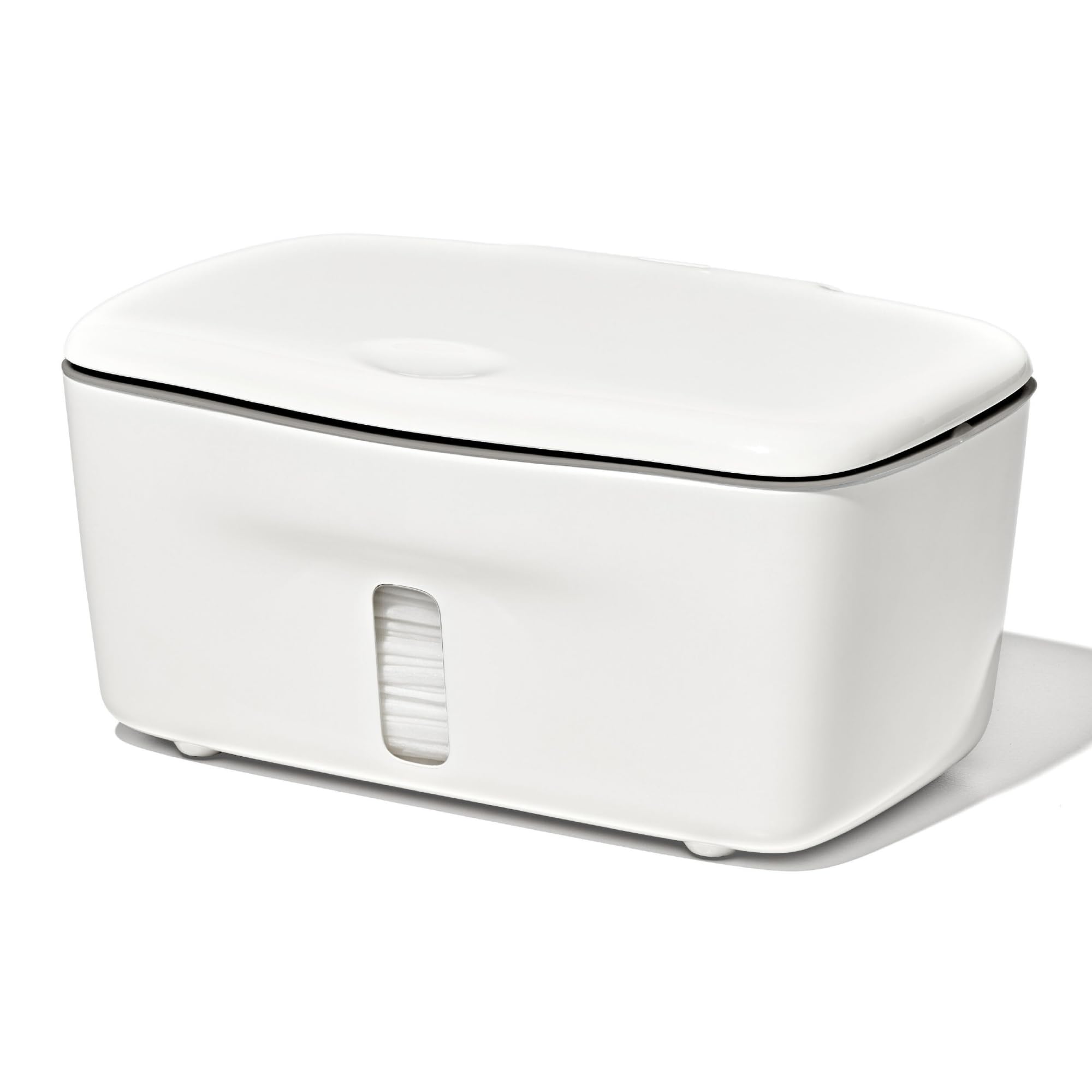 OXO Tot Perfect Pull Wipes Dispenser in gray showing weighted plate and lid design