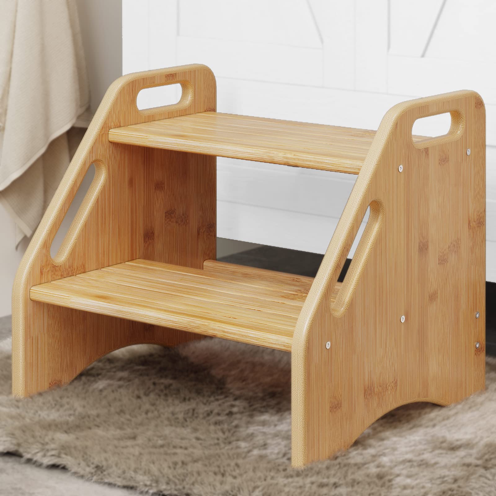 AMBIRD bamboo two-step stool with side handles for adult home use