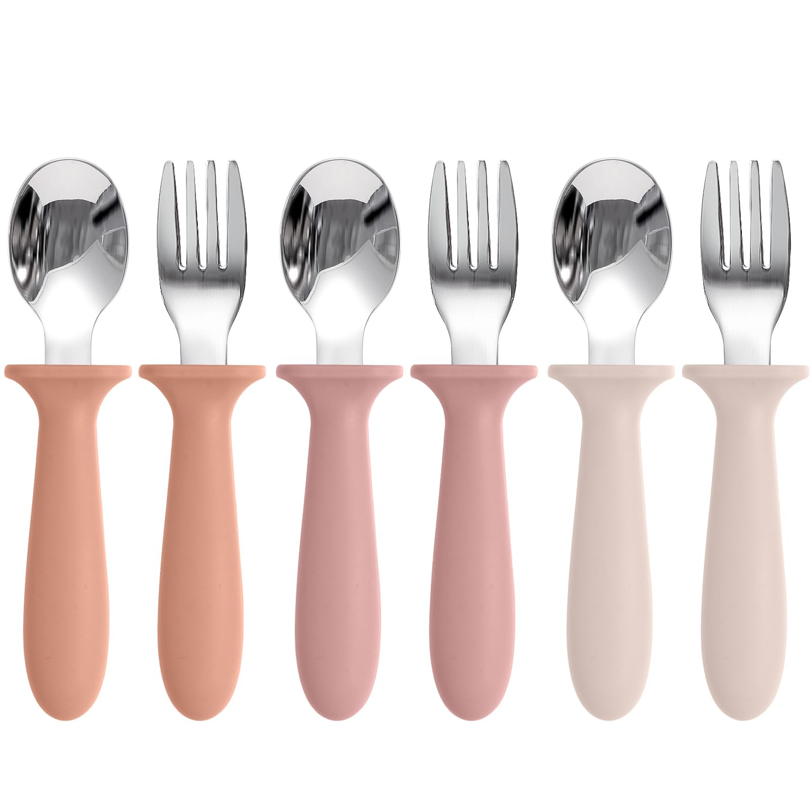 Toddler Spoons and Forks Set with colorful silicone handles designed for safe self-feeding