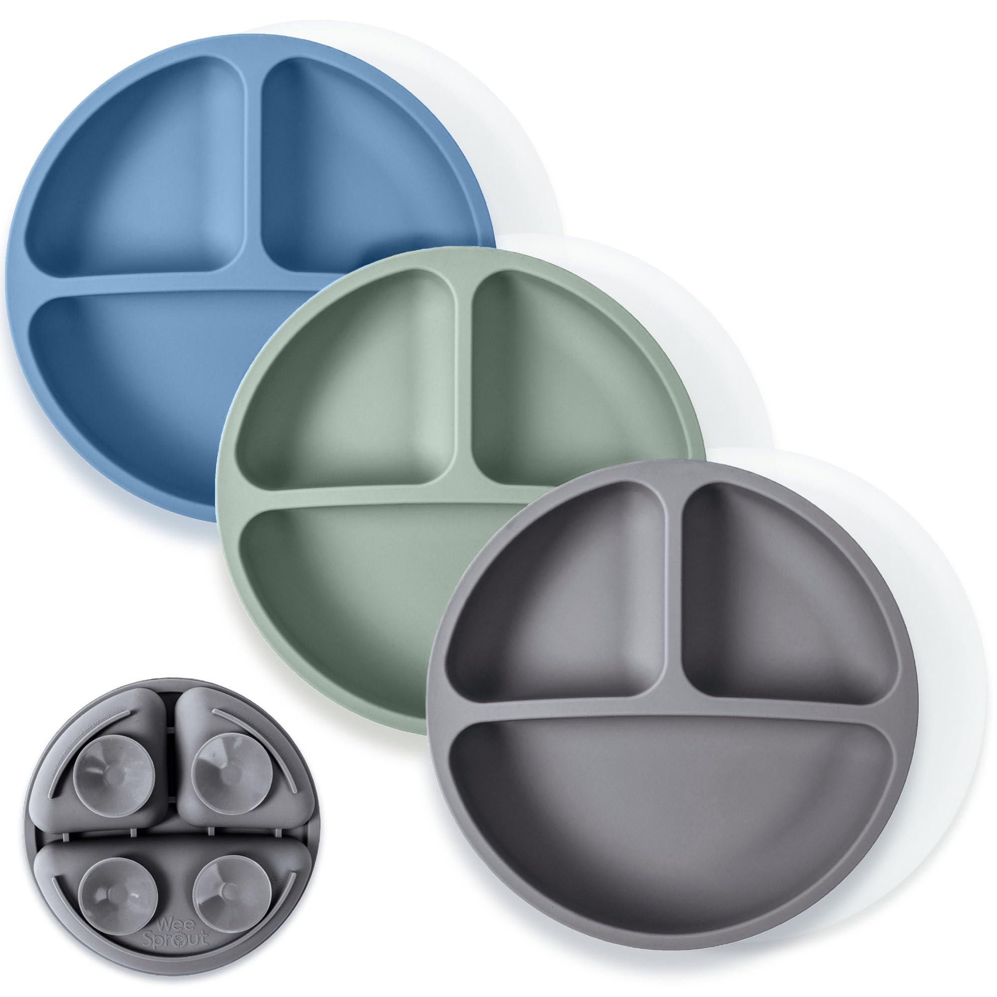 WeeSprout silicone suction plates with clear storage lids in three colors