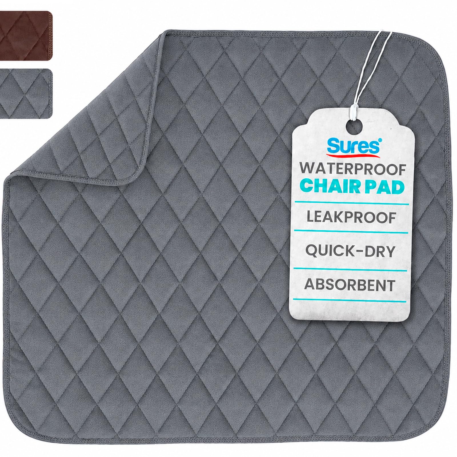 Gray waterproof chair pad shown on furniture protecting against spills and accidents
