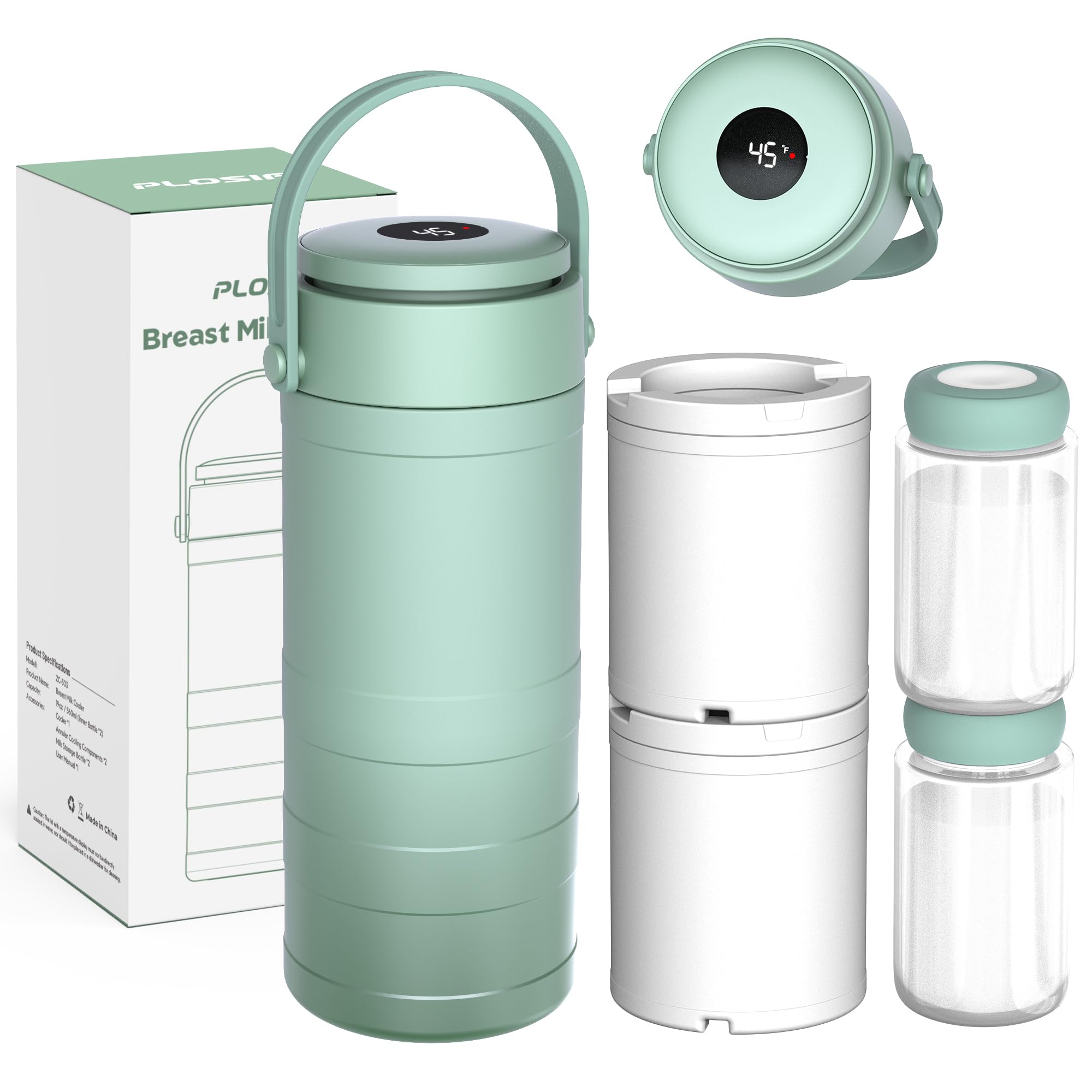 PLOSIF Portable Breast Milk Cooler with digital temperature display and dual bottles