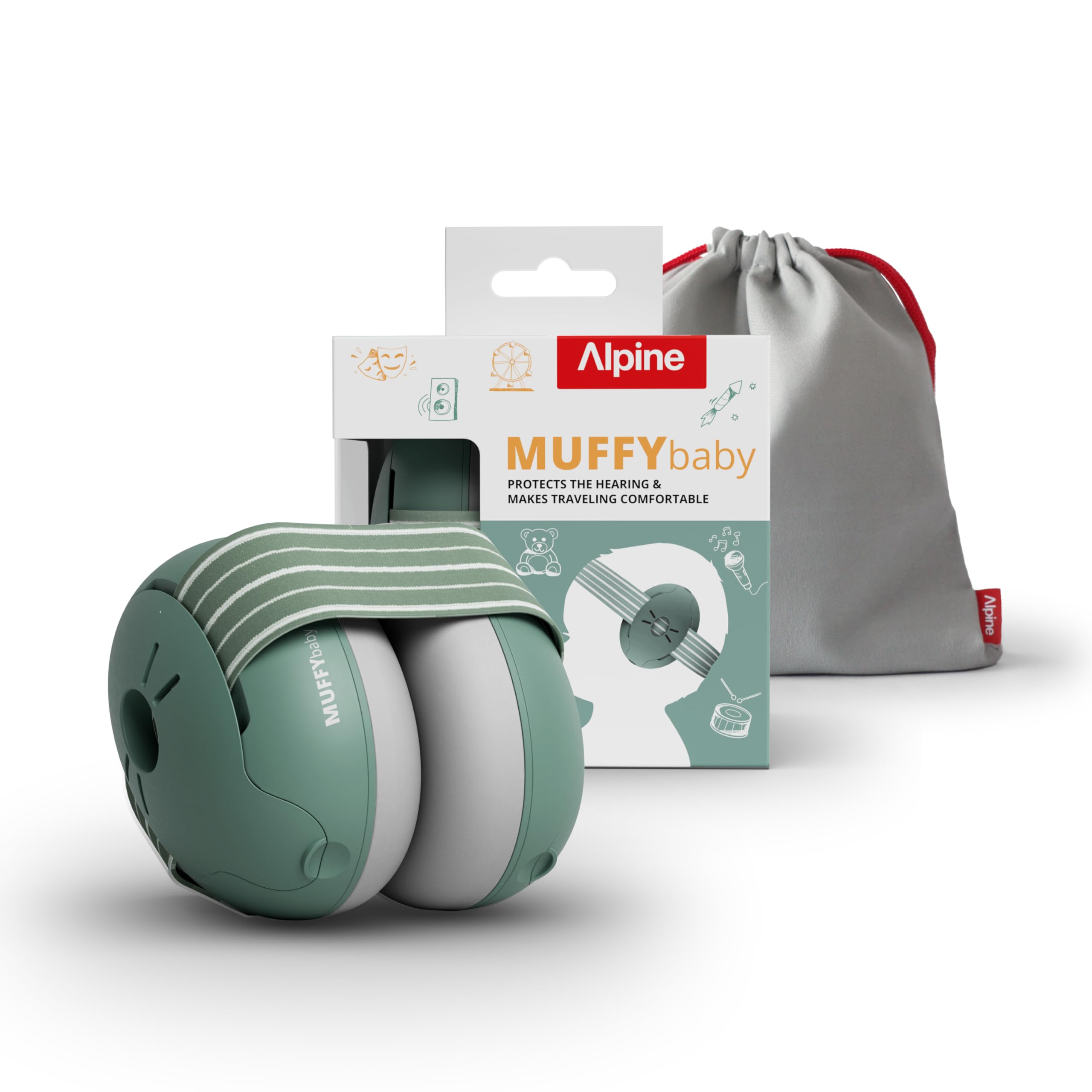 Alpine Muffy Baby hearing protection earmuffs in Sage color for toddlers