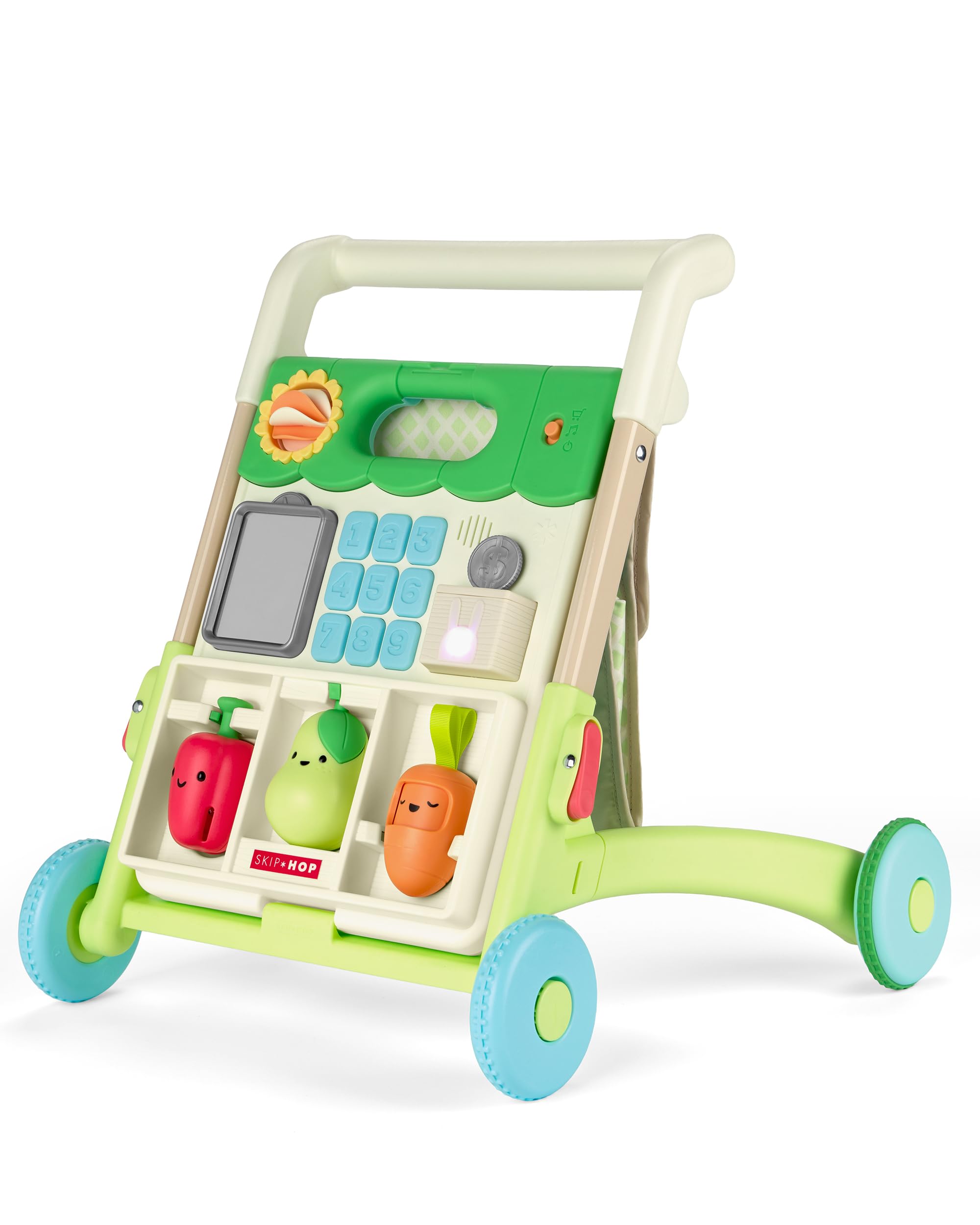 Skip Hop 5-in-1 sit to stand convertible baby walker with farmstand themed activities and adjustable handle