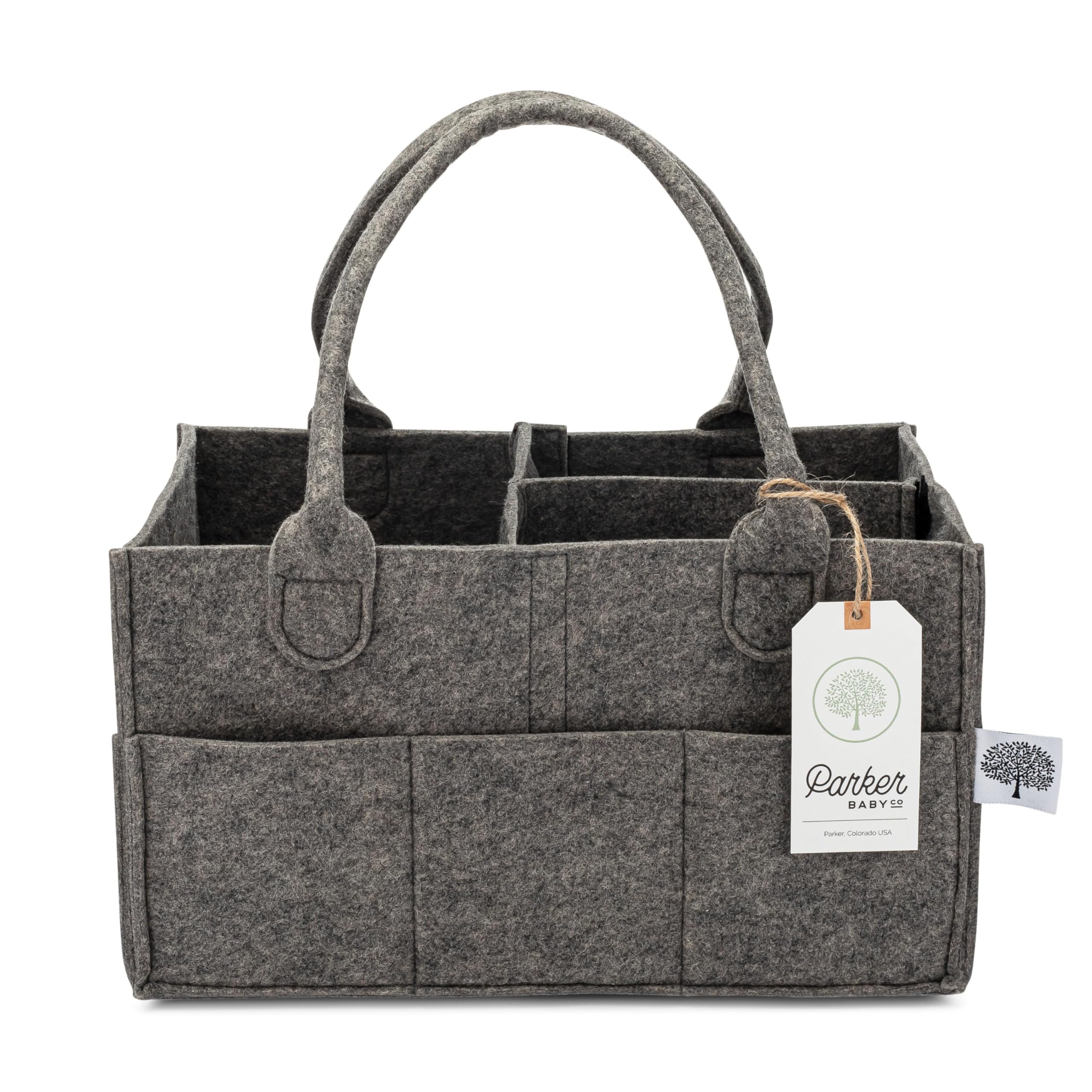 Parker Baby Diaper Caddy in charcoal felt with handle and organized compartments