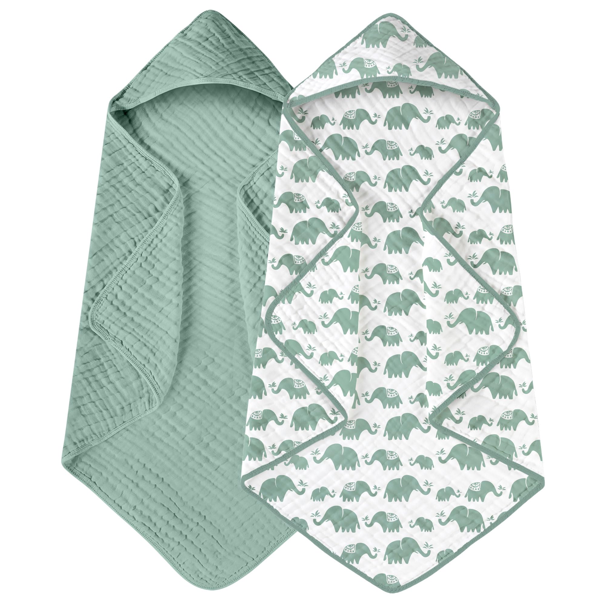 Yoofoss hooded baby towel in green elephant print showing soft muslin organic cotton fabric