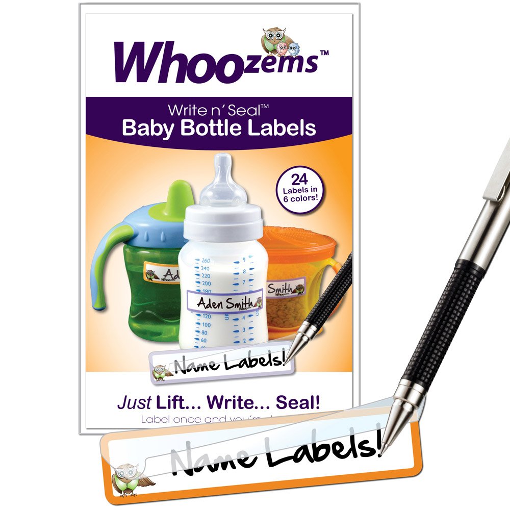 Whoozems self-laminating baby bottle labels applied to bottles