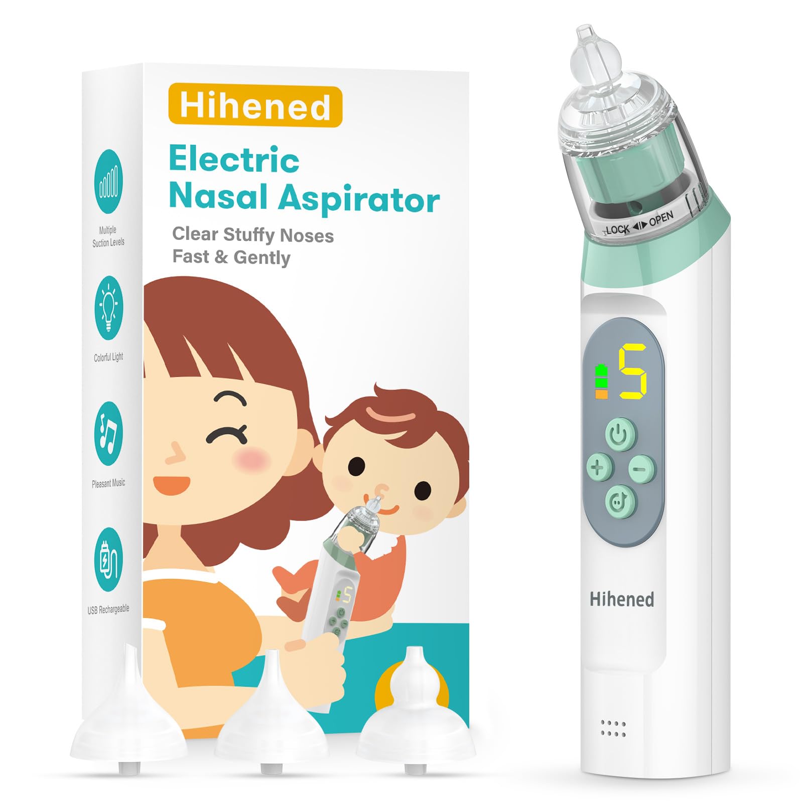 Hihened electric nasal aspirator for baby in green with three silicone tips and storage case