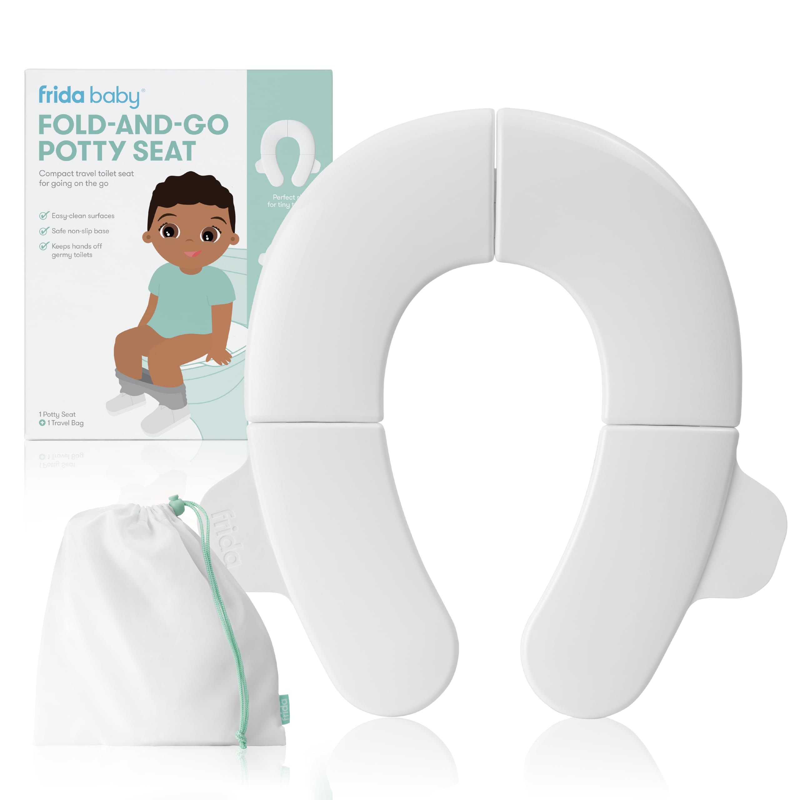 Frida Baby Fold-and-Go Portable Potty Seat with non-slip base and silicone handles for toddler toilet training