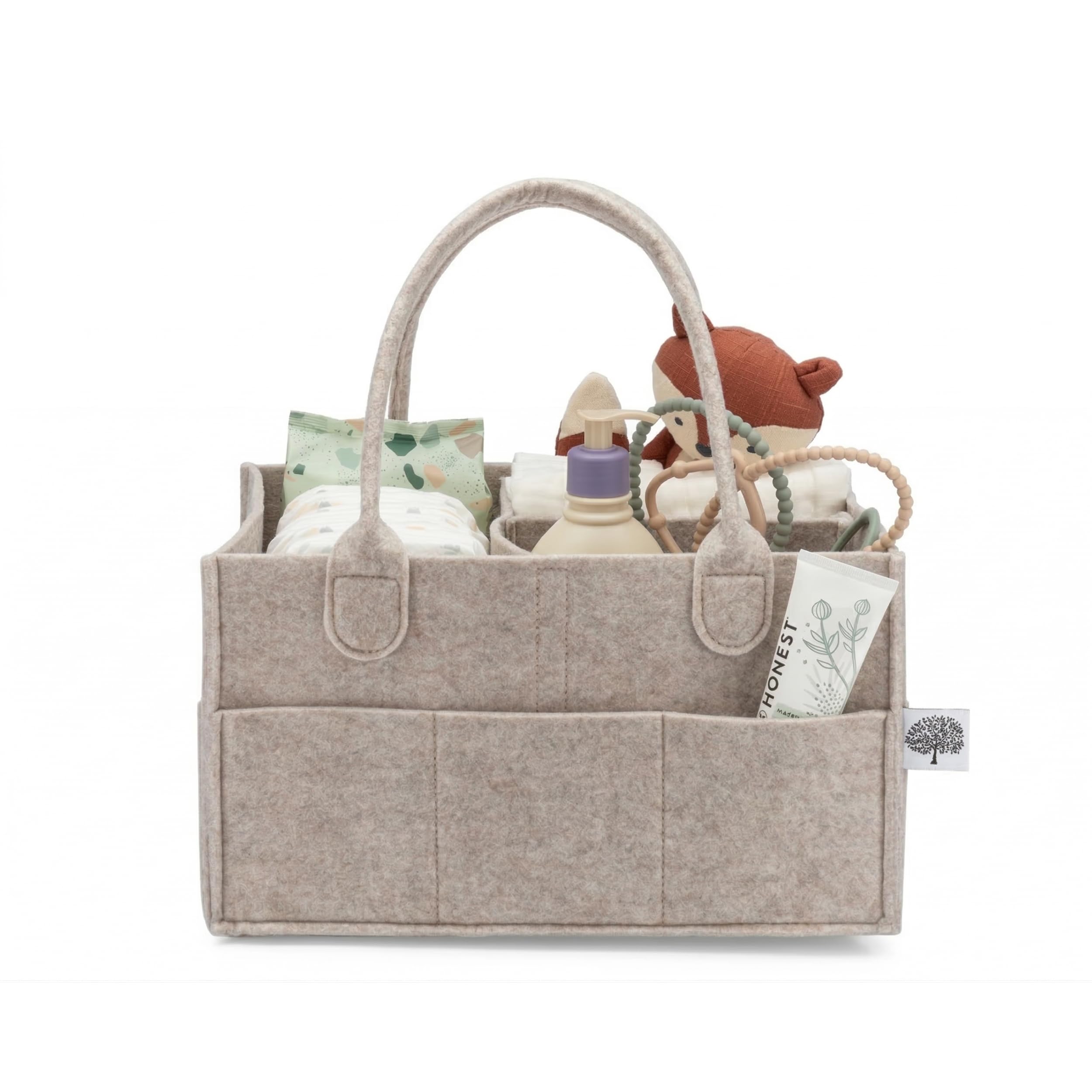 Parker Baby felt diaper caddy organizer in oatmeal color filled with baby essentials