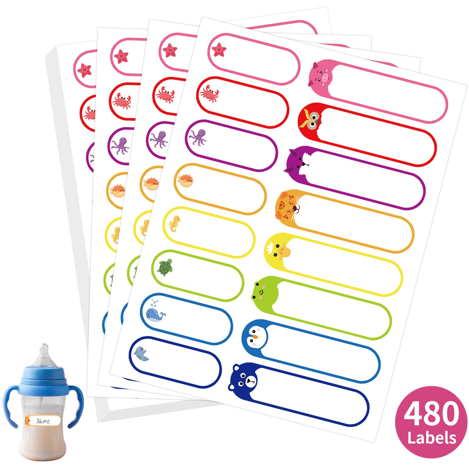 Waterproof daycare labels with animal designs for labeling children's bottles and school supplies