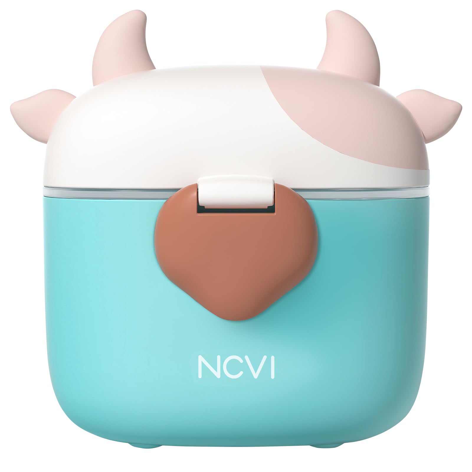 Green formula dispenser container with transparent measurement window and secure buckle closure