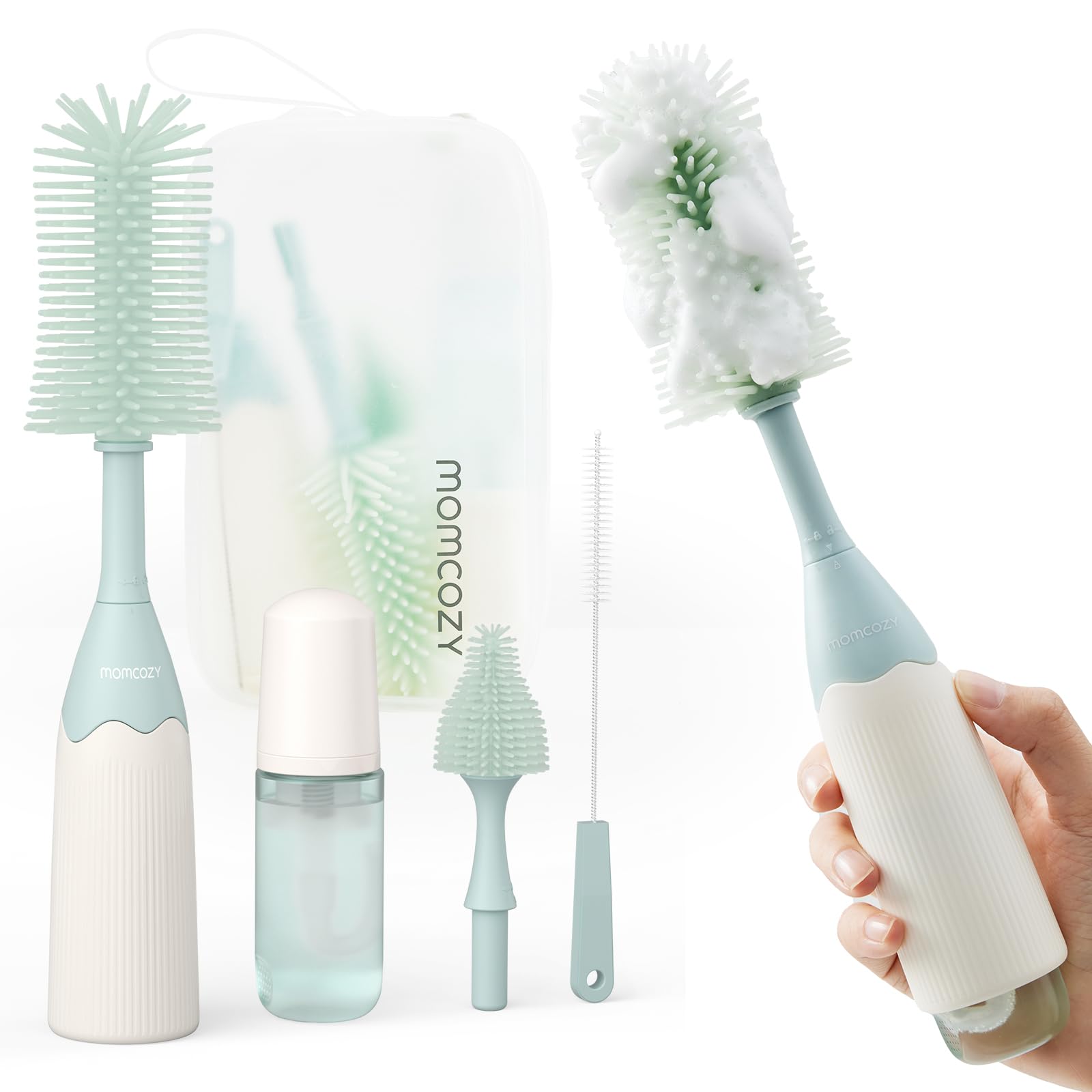 Momcozy Baby Bottle Brush Kit with push-press foam design in green showing multiple brush heads and travel bag
