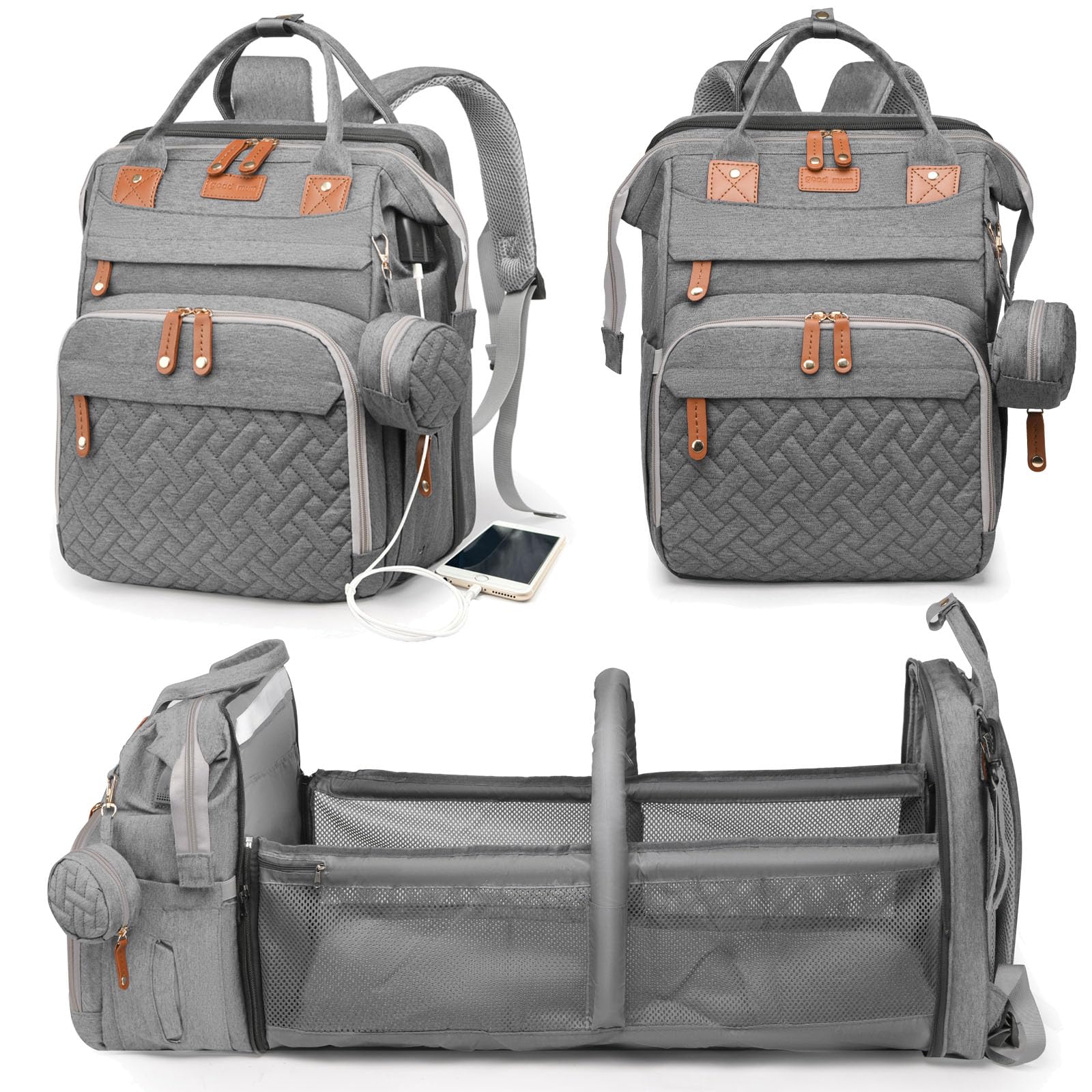 Astro Alan waterproof diaper bag backpack with 19 pockets and built-in changing station in grey