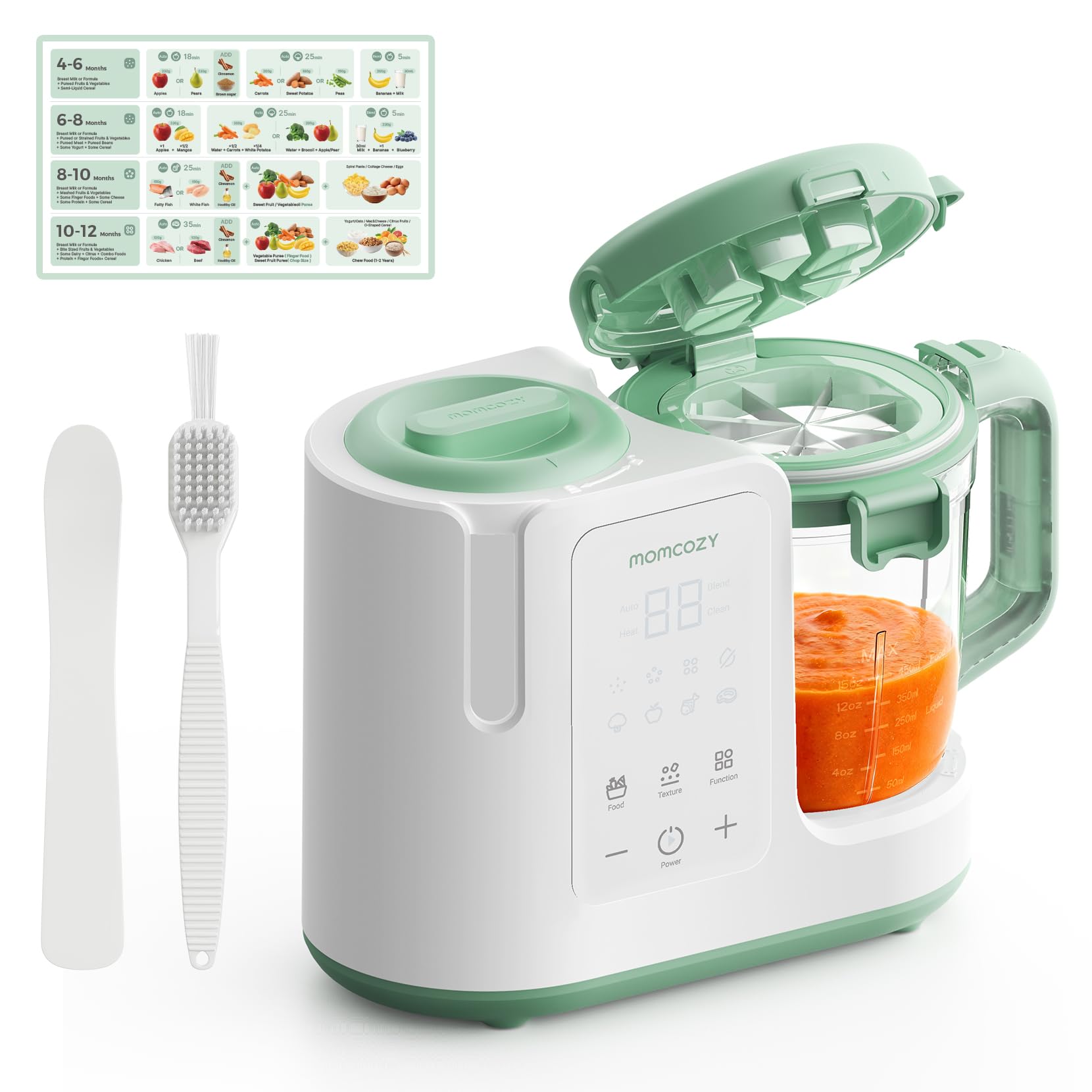 Momcozy AutoMeal Baby Food Maker with 15oz cup and 6-blade design for automatic steaming and blending