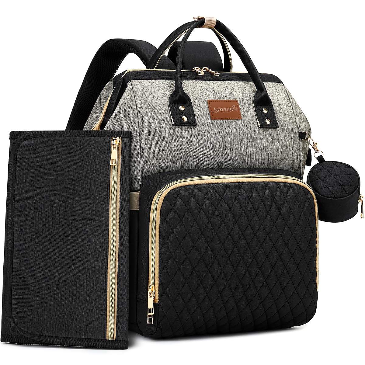 ROSEGIN black grey quilted diaper bag backpack with changing pad and stroller straps