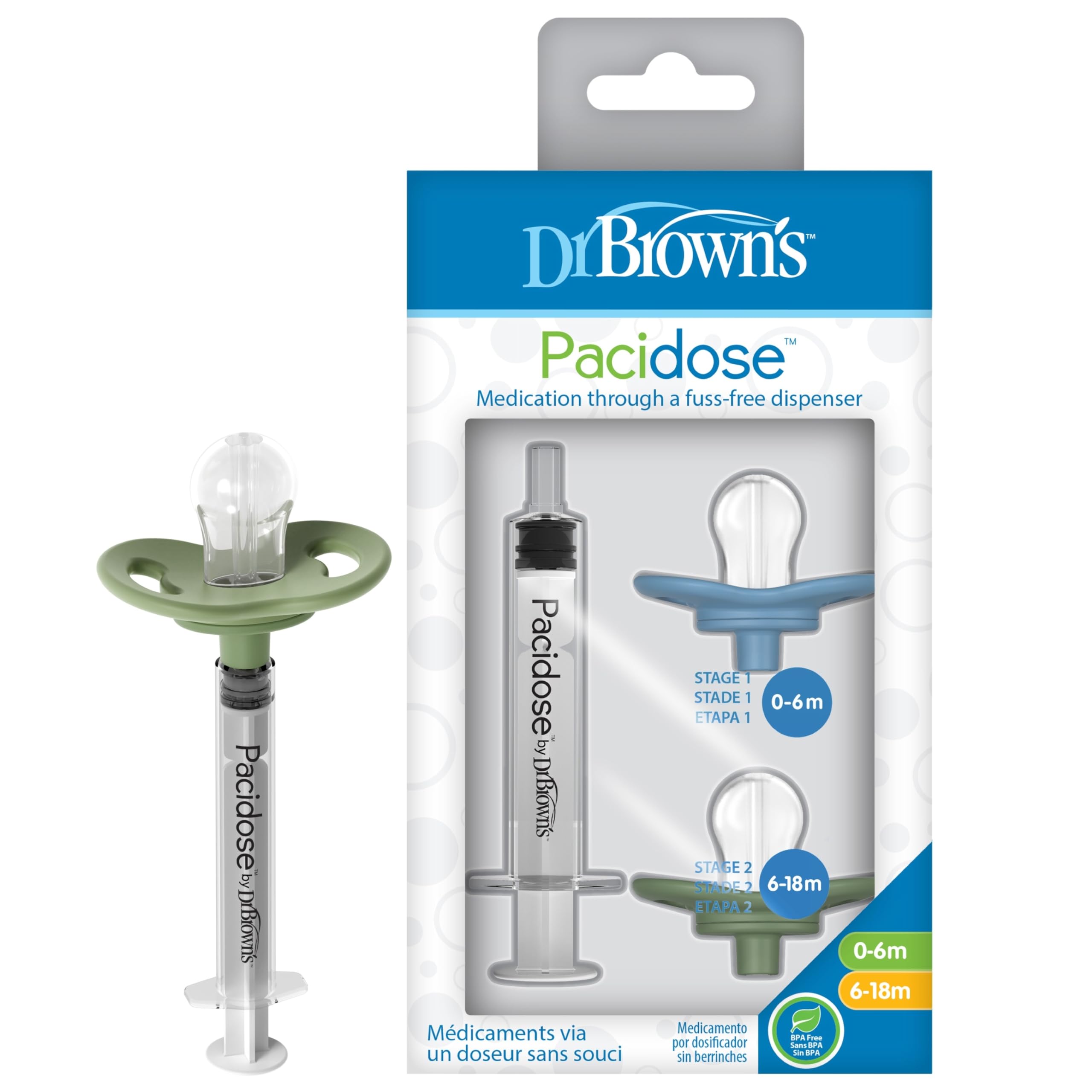 Dr. Brown's Pacidose medicine dispenser with two silicone bulb sizes and oral syringe for babies and toddlers