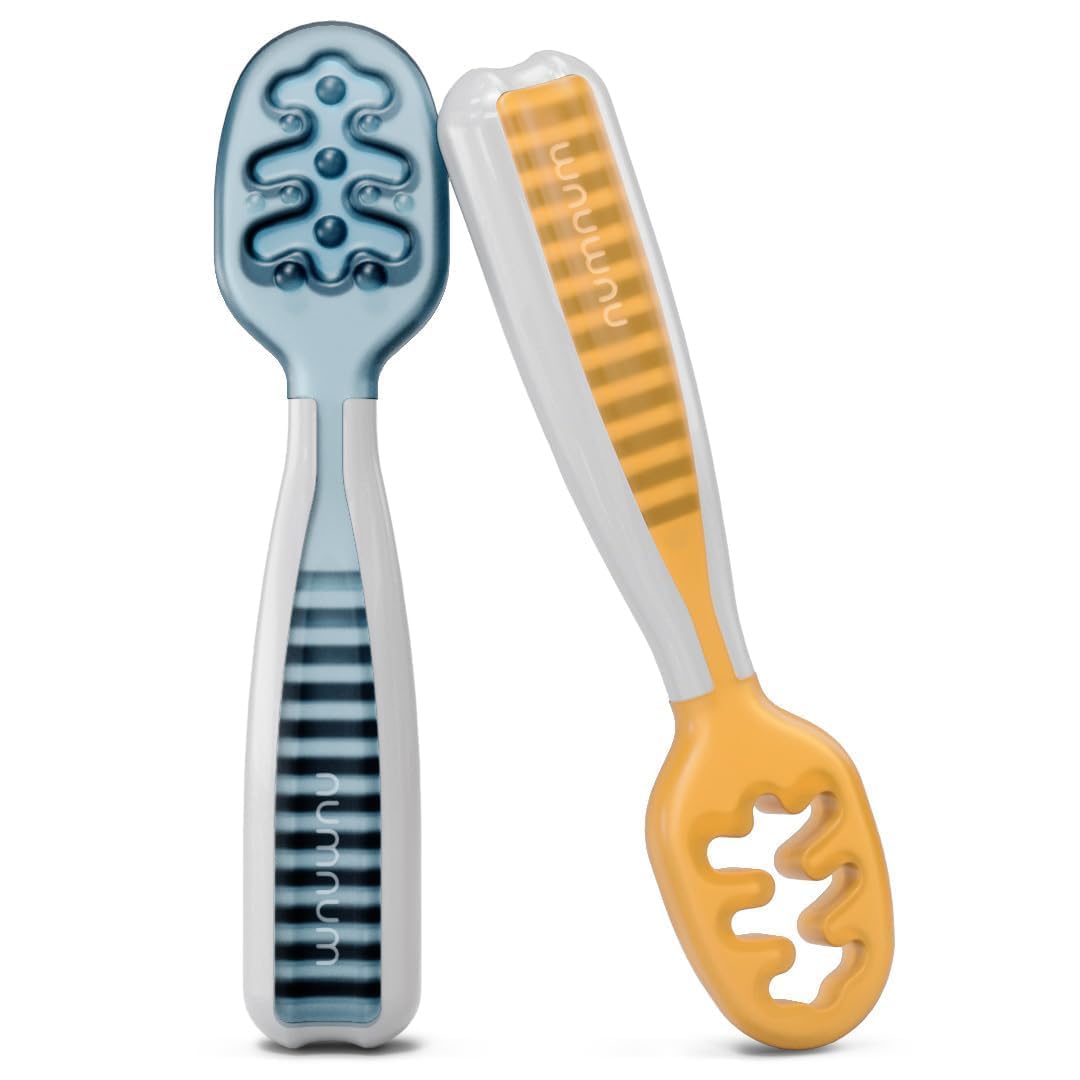NumNum baby spoons set with blue and orange ergonomic handles designed for self-feeding
