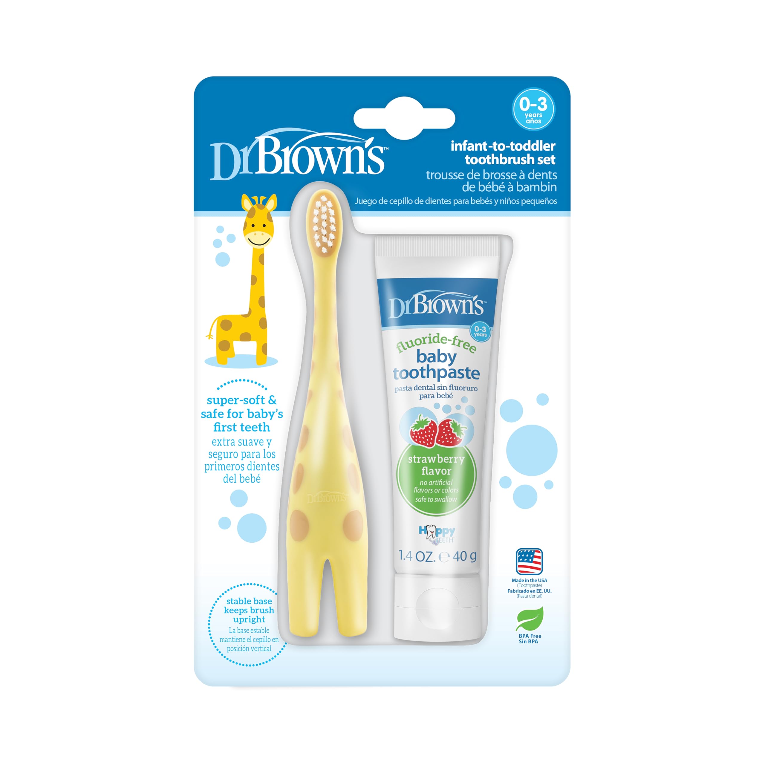 Dr. Brown's giraffe-shaped infant toothbrush with strawberry fluoride-free toothpaste for babies