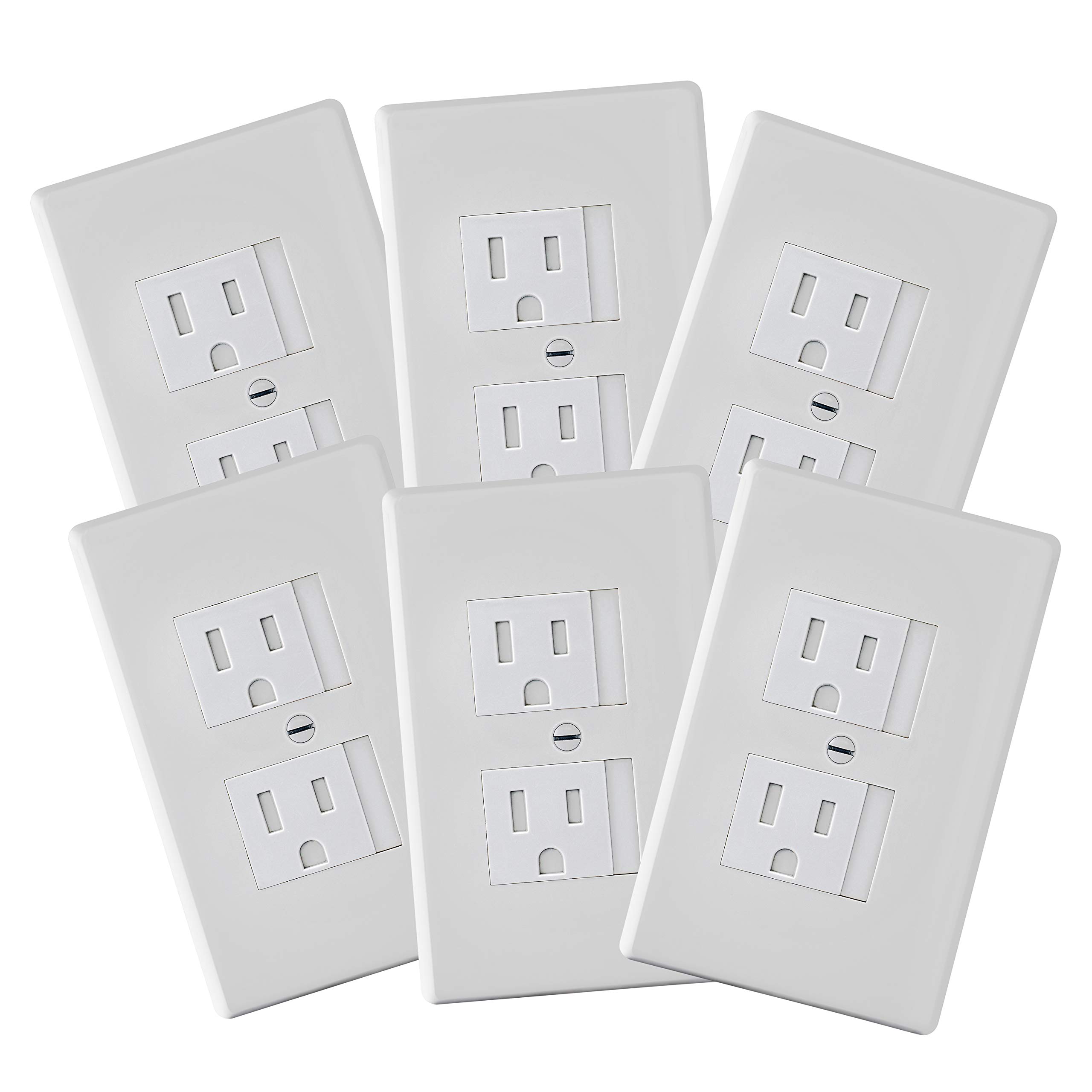 Safety Innovations self-closing outlet covers installed on white wall showing automatic sliding mechanism