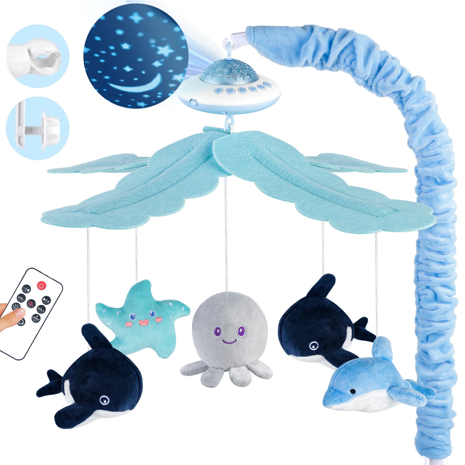 Playix baby crib mobile with music, lights and starlight projection in blue