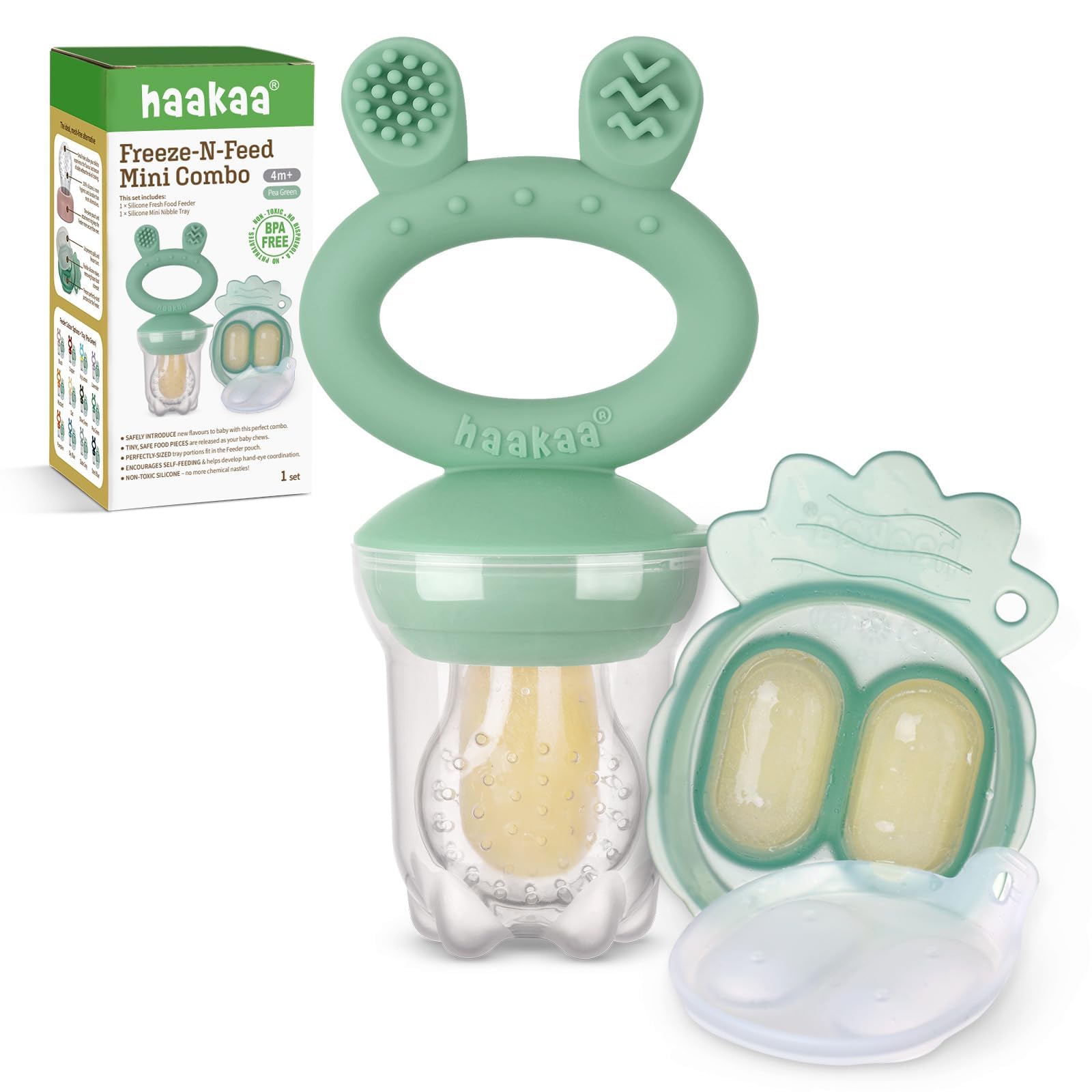 Haakaa Baby Fruit Food Feeder with Mini Freezer Nibble Tray Combo in pea green with silicone bunny-like textured top