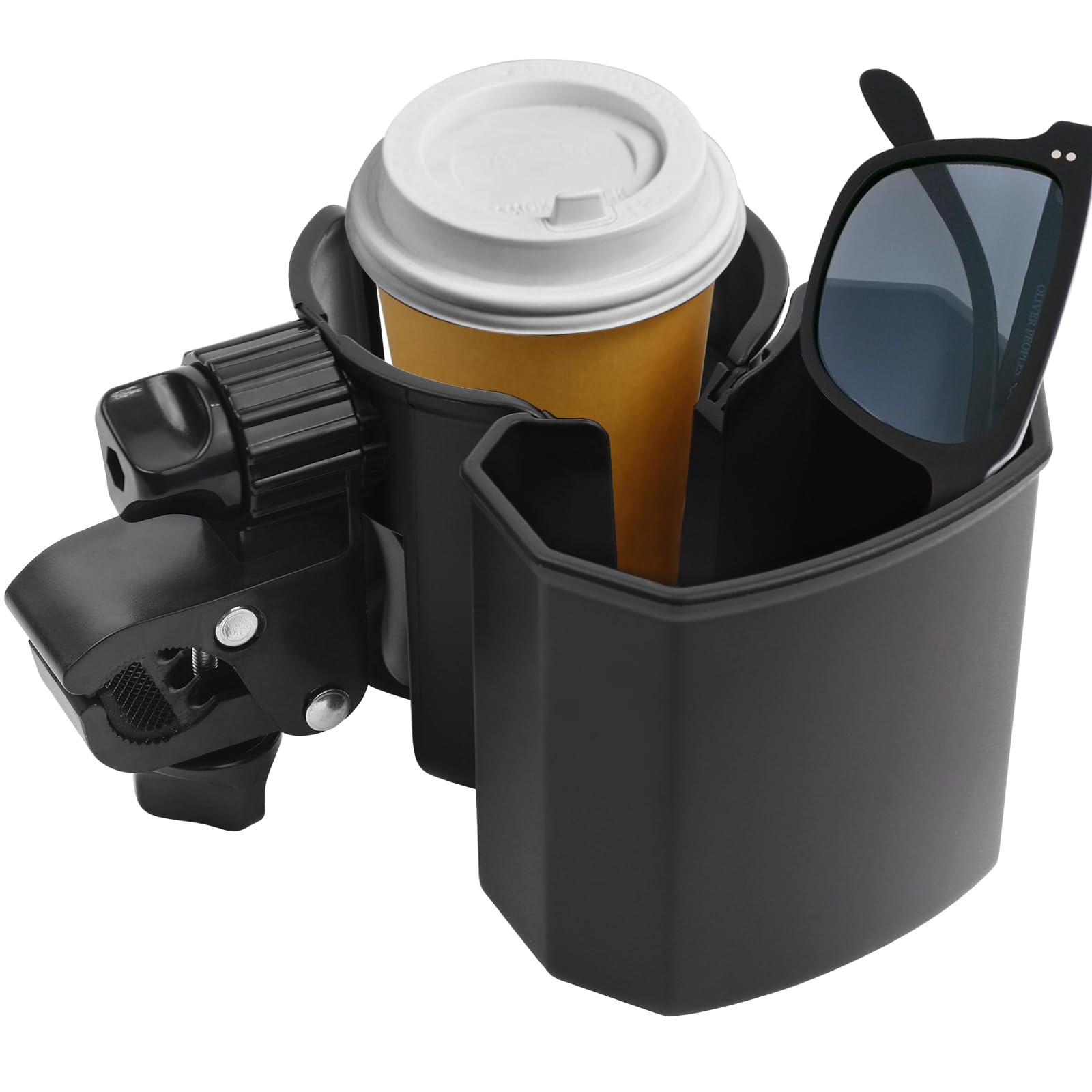 UMBEIBEI universal cup holder with integrated phone holder showing 360-degree rotation and dual storage compartments