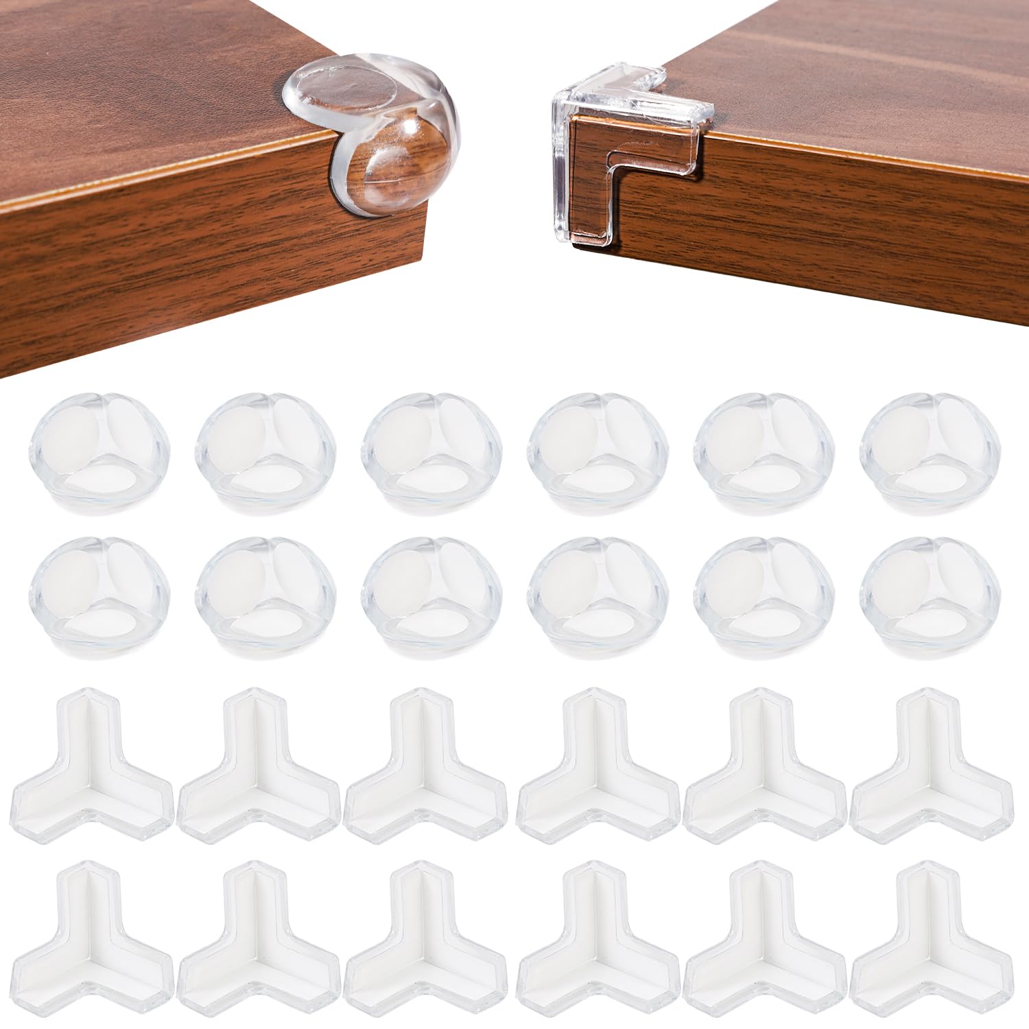 24 pack corner protectors showing T-shape and ball-shape designs for baby furniture safety