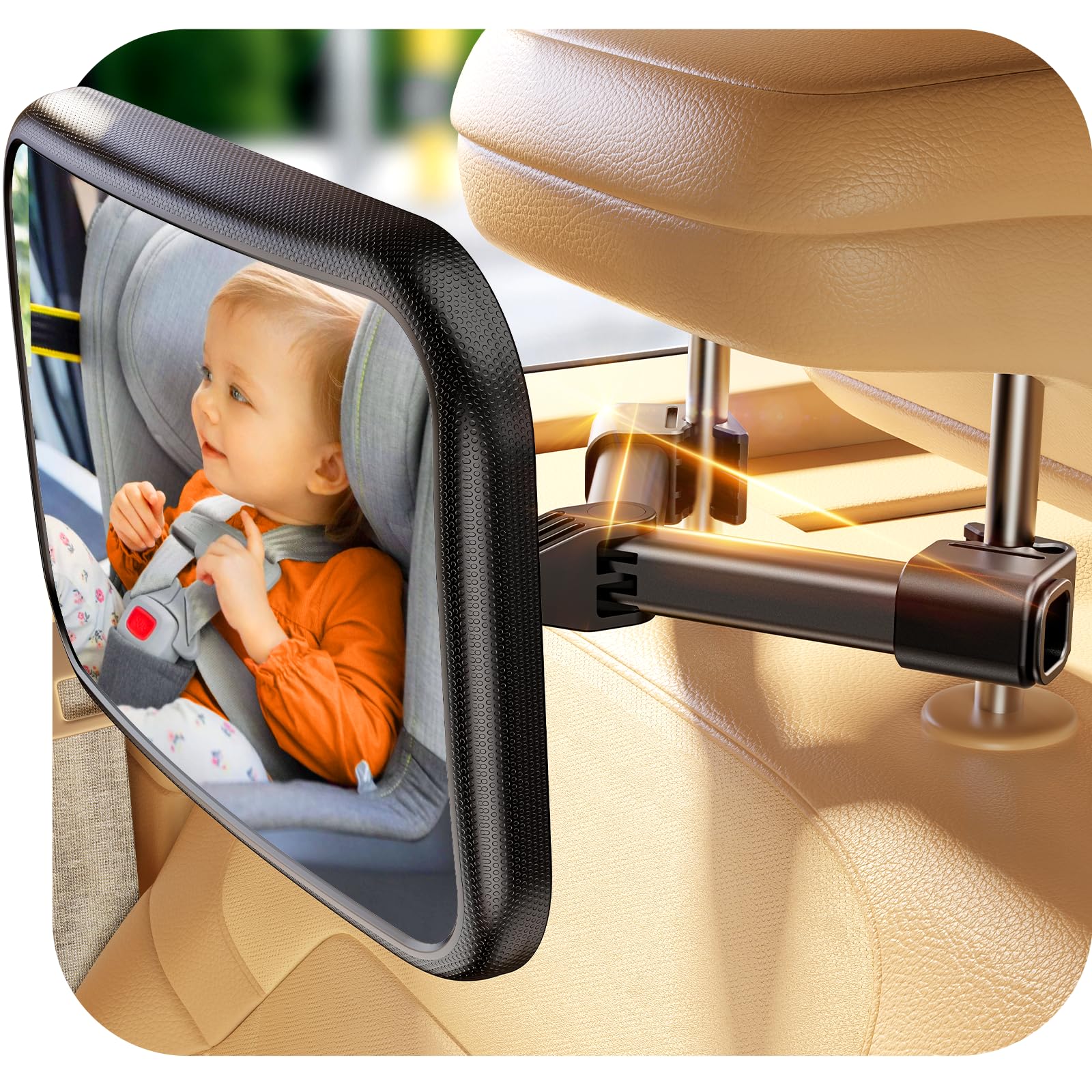 TAZENI baby car mirror with hook clip design attached to car headrest showing clear view of rear-facing infant