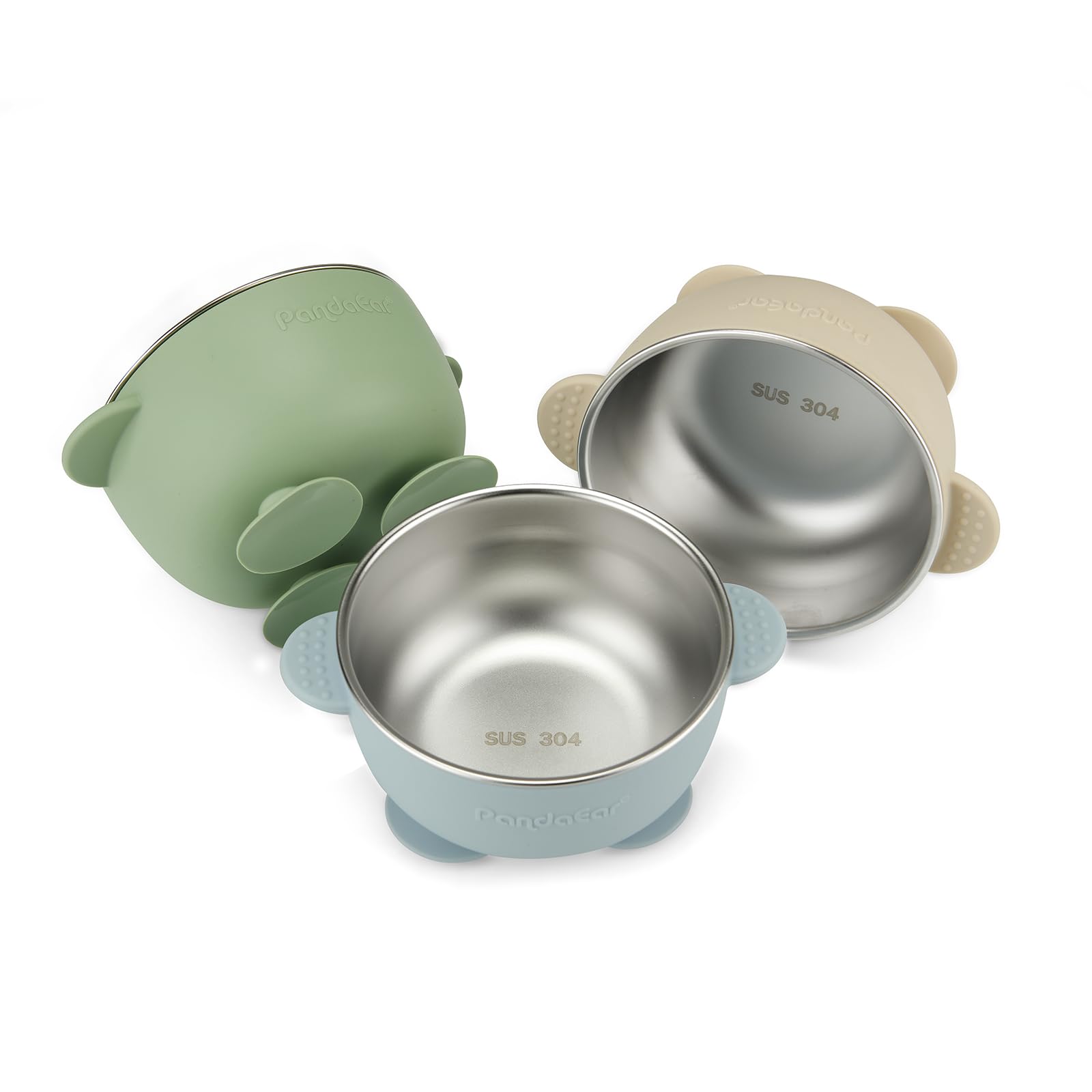 PandaEar stainless steel baby suction bowls in blue, green, and beige colors with silicone sleeves