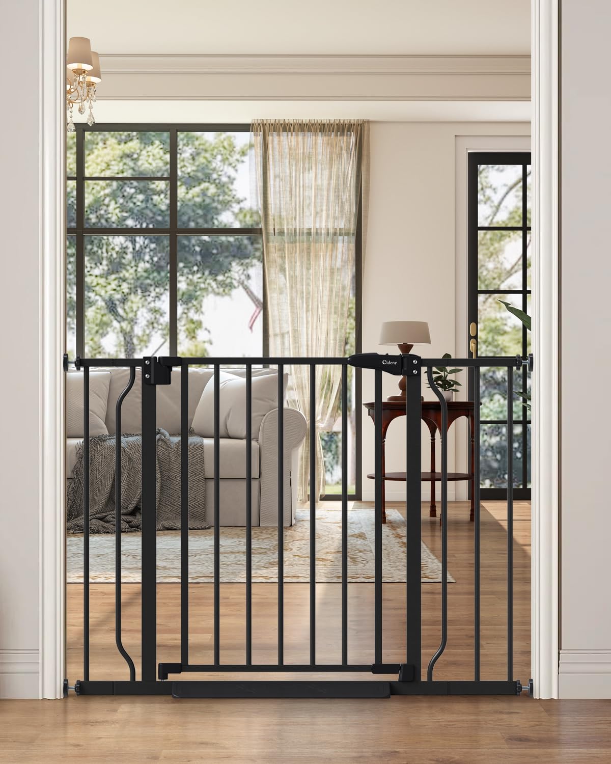 Cideny auto-close baby gate installed in doorway with dual-lock mechanism and pressure-mounted design